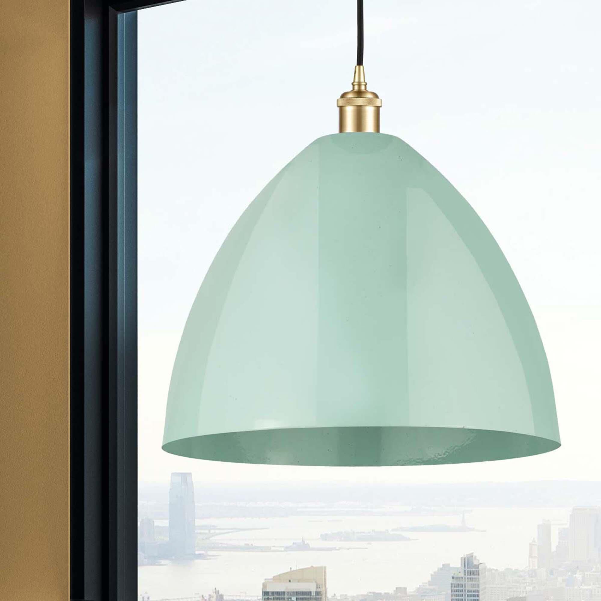 Shown in Satin Gold finish and Seafoam Plymouth Dome shade
