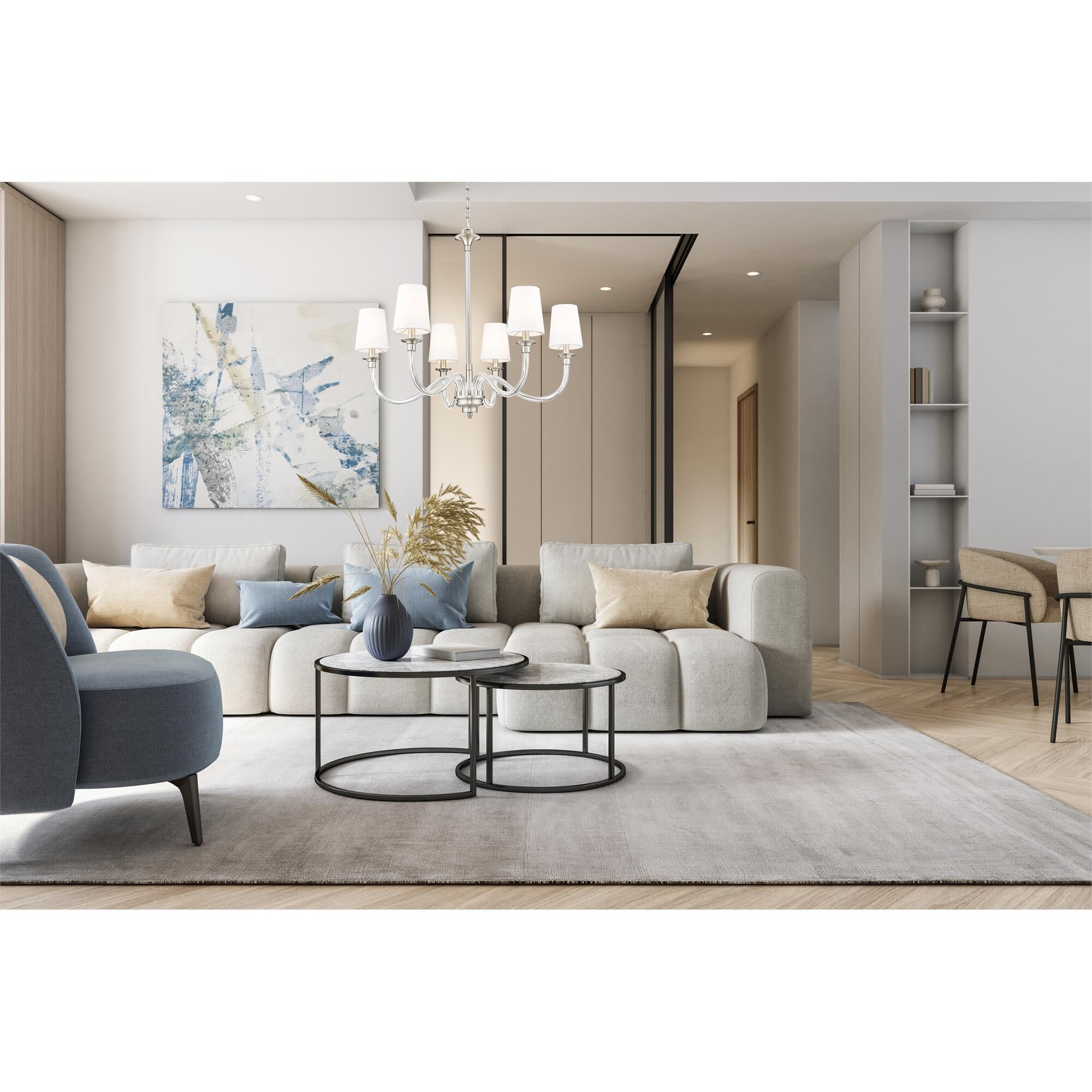 Shown in Brushed Nickel finish and White glass and White shade