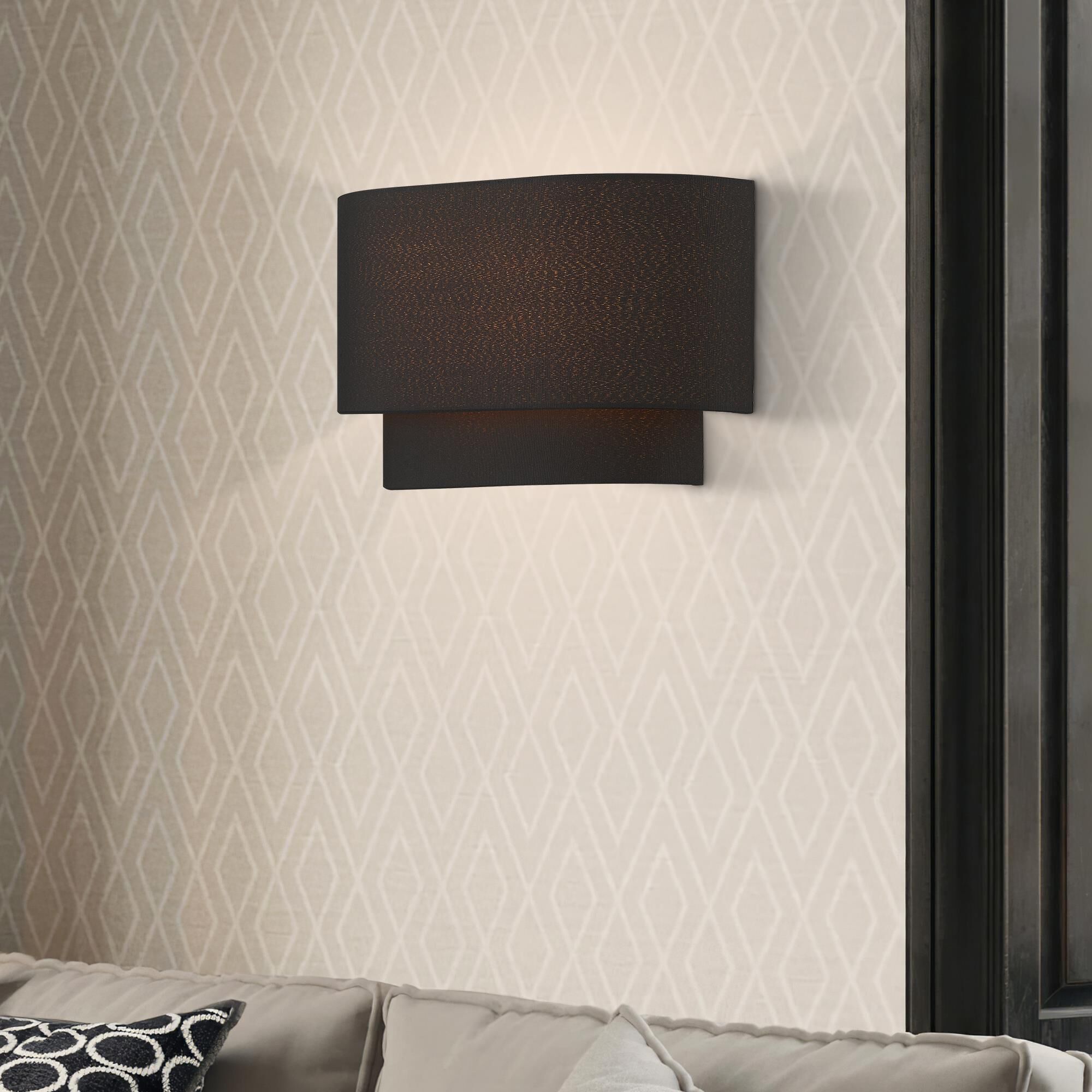 Shown in Black finish and Hand Crafted Black Color Hardback Fabric with Orange Fabric Inside shade