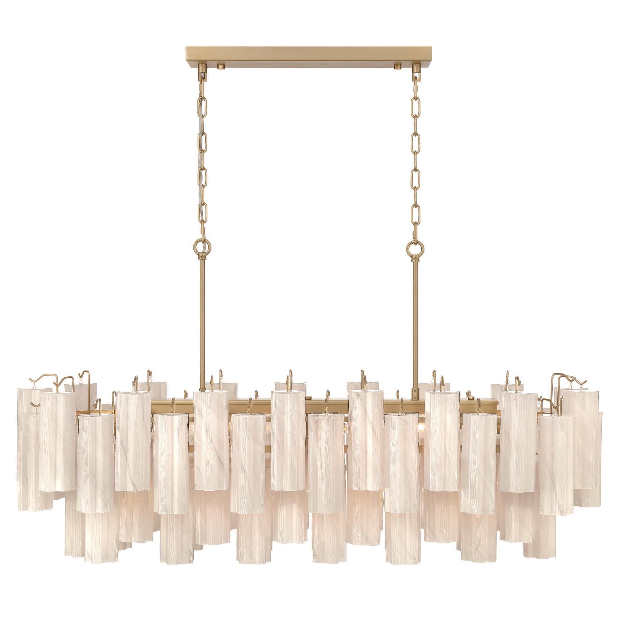 Shown in Brushed Brass finish and Wispy White Tronchi glass