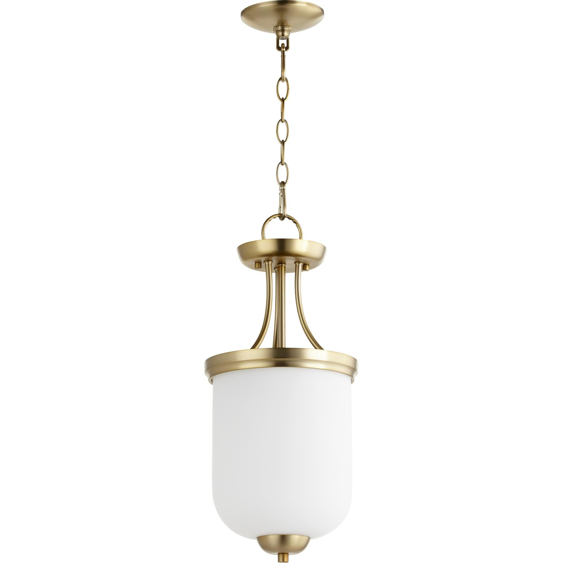 Shown in Aged Brass finish and Satin Opal shade 