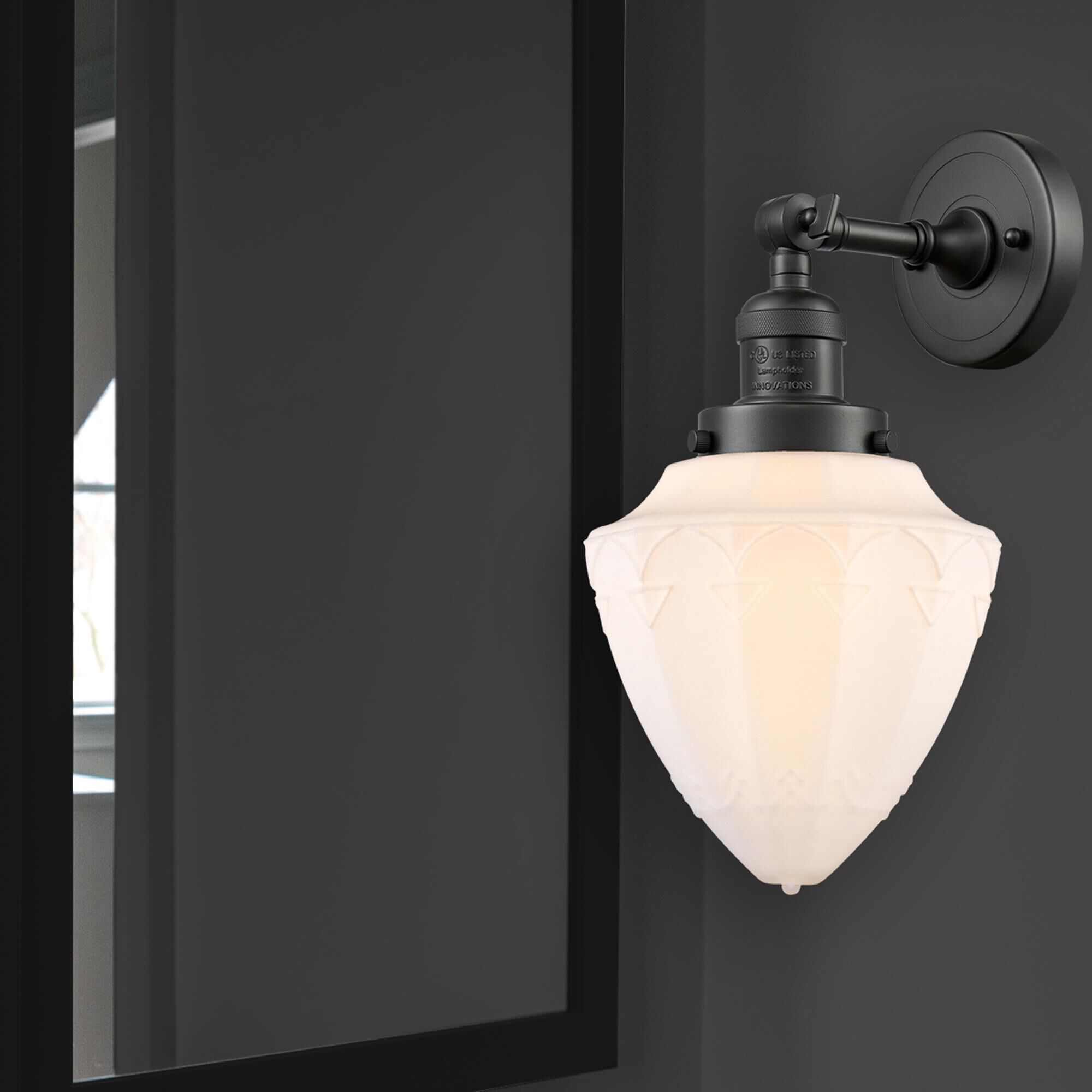 Shown in Oil Rubbed Bronze finish and Matte White Cased Small Bullet glass