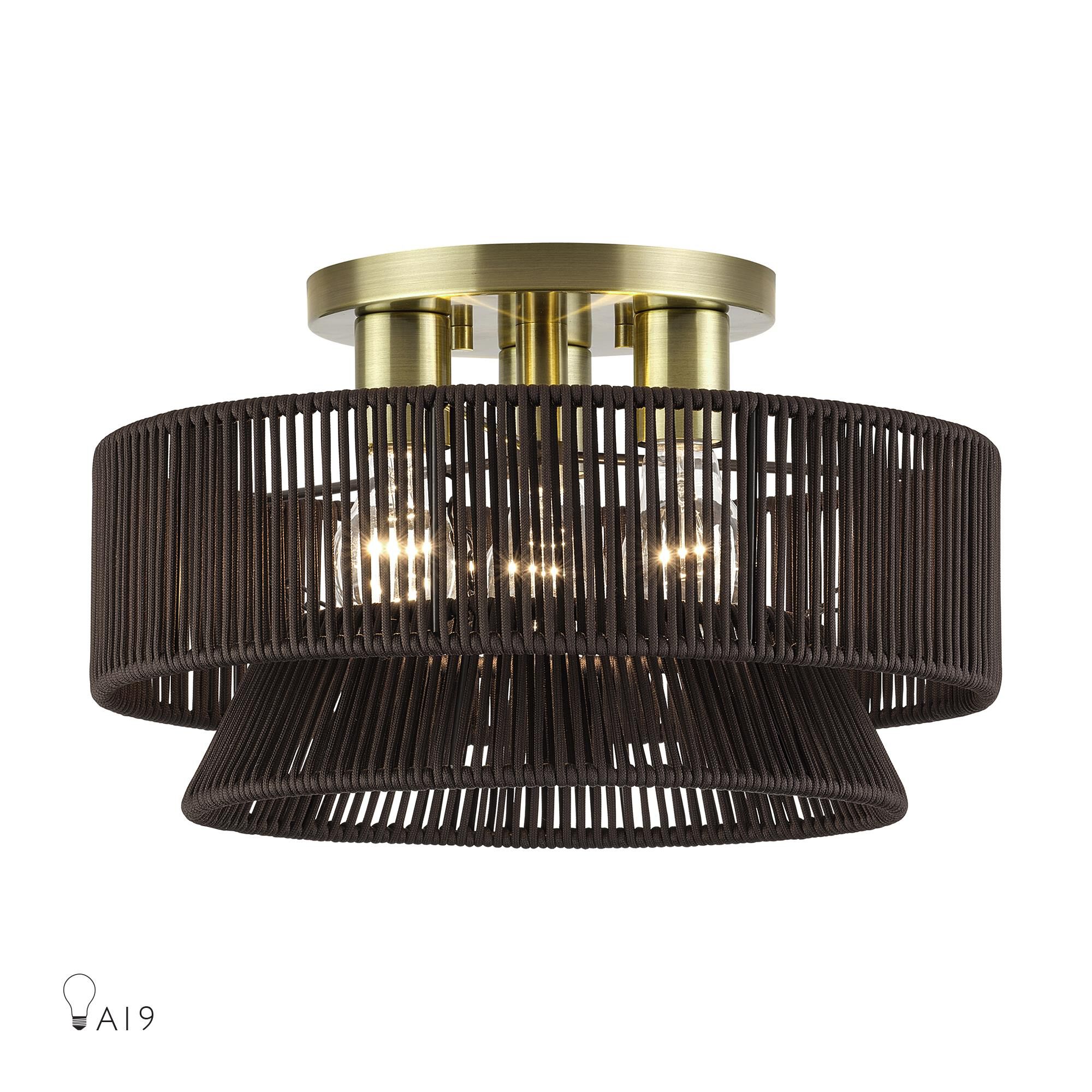 Shown in Antique Brass finish and Hand-Woven Dark Chocolate Color Polyester Rope shade
