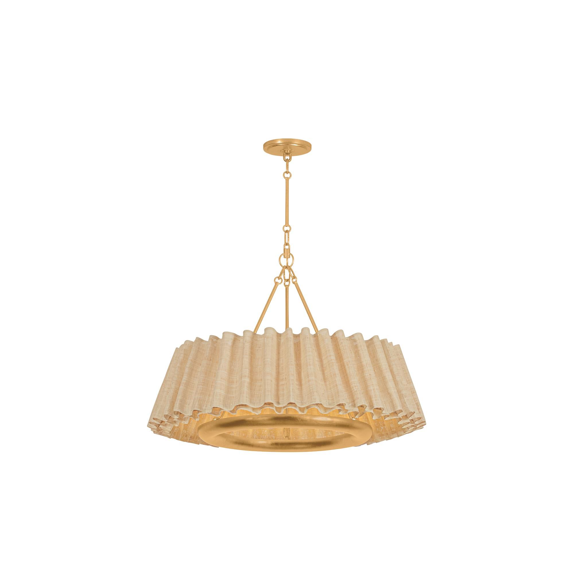 Shown in Vintage Gold Leaf finish and Raffia Ruffle Natural Woven shade