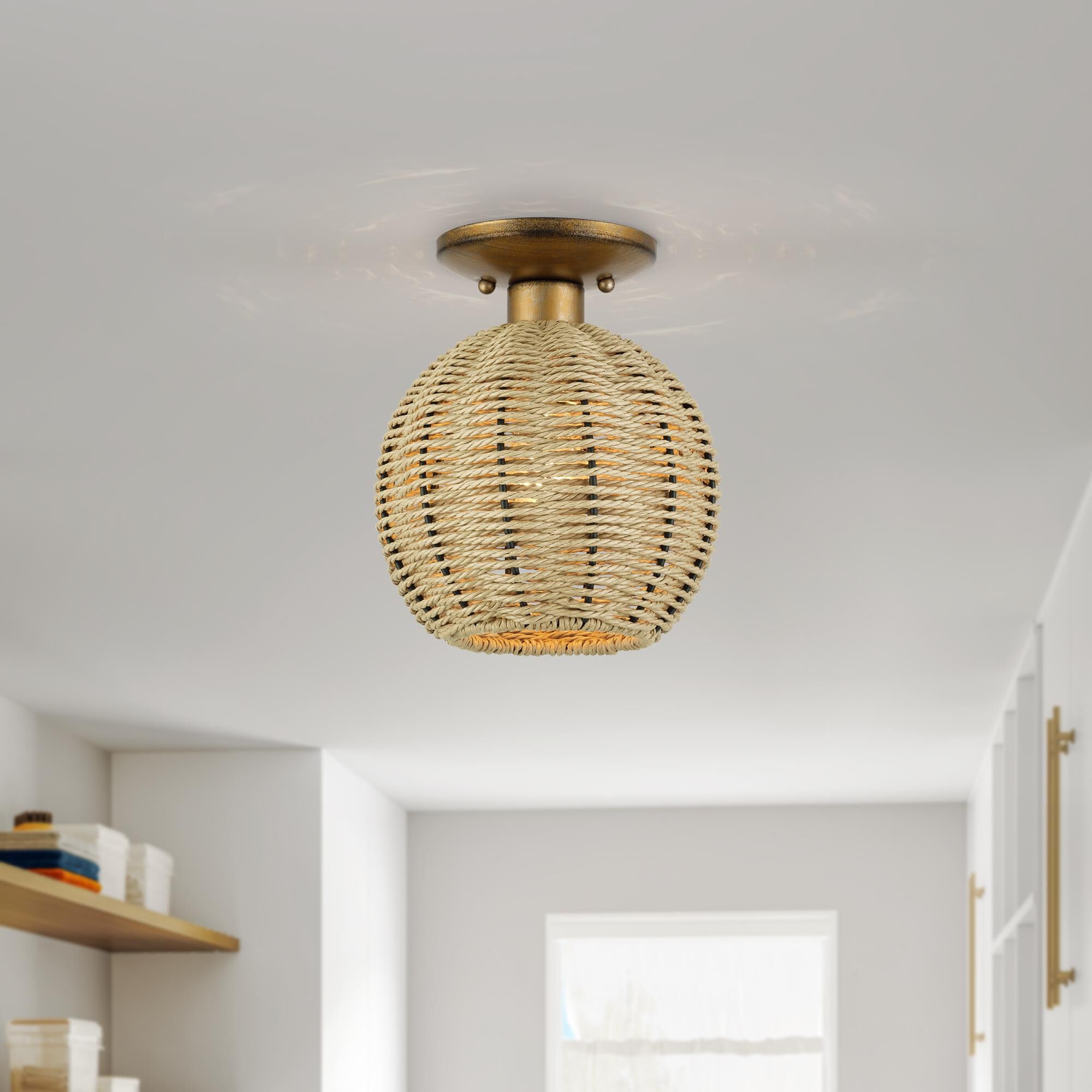 Shown in Antique Gold Leaf finish and Hand-Woven French Beige Paper Rope shade