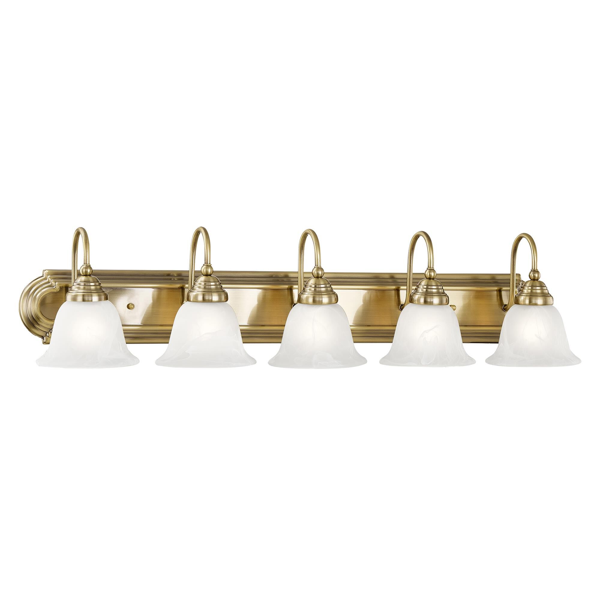 Shown in Antique Brass finish and White Alabaster glass