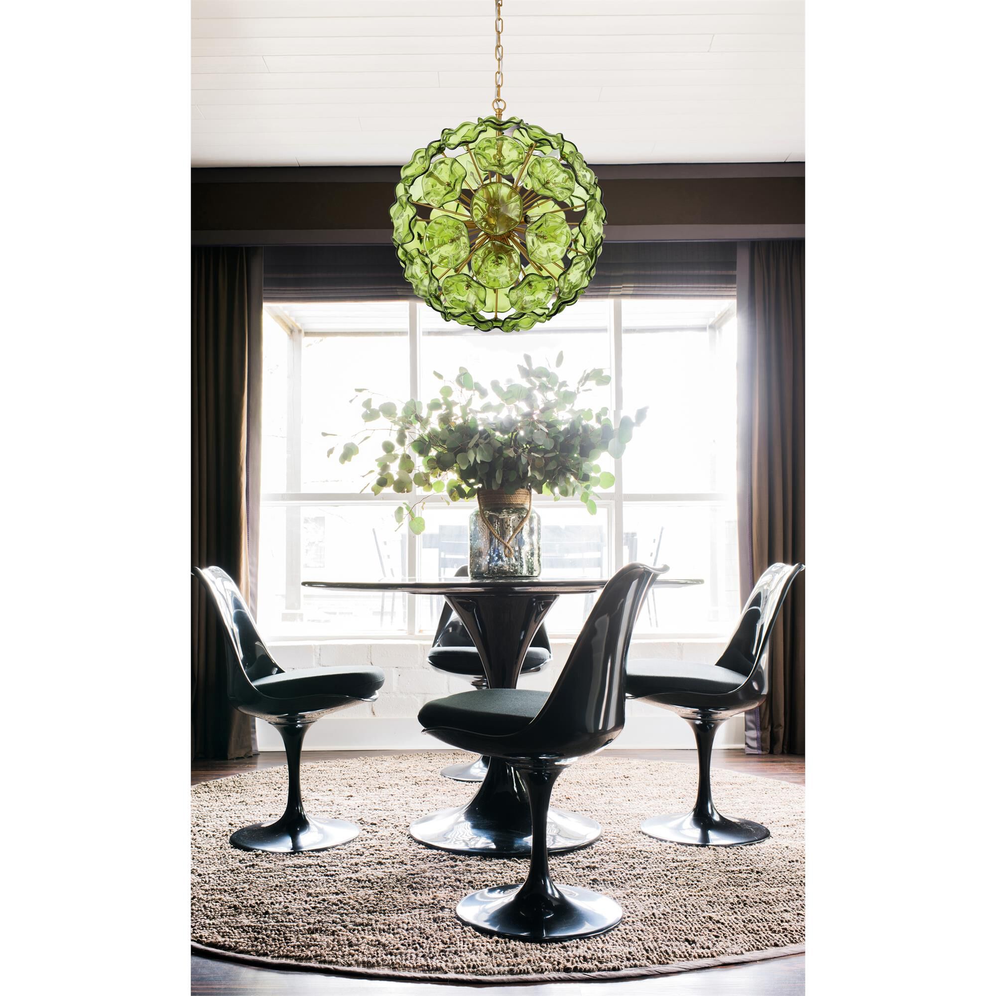 Shown in Aged Brass finish and Floral Petals Green glass