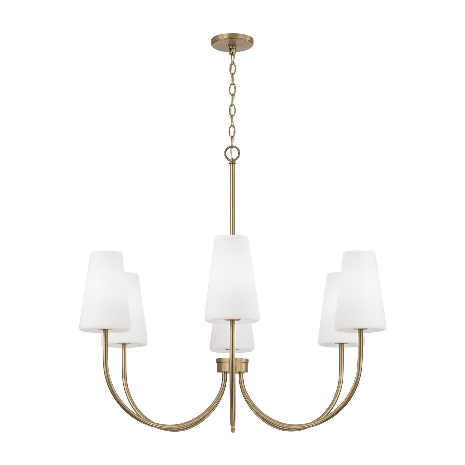Shown in Aged Brass finish and Soft White glass