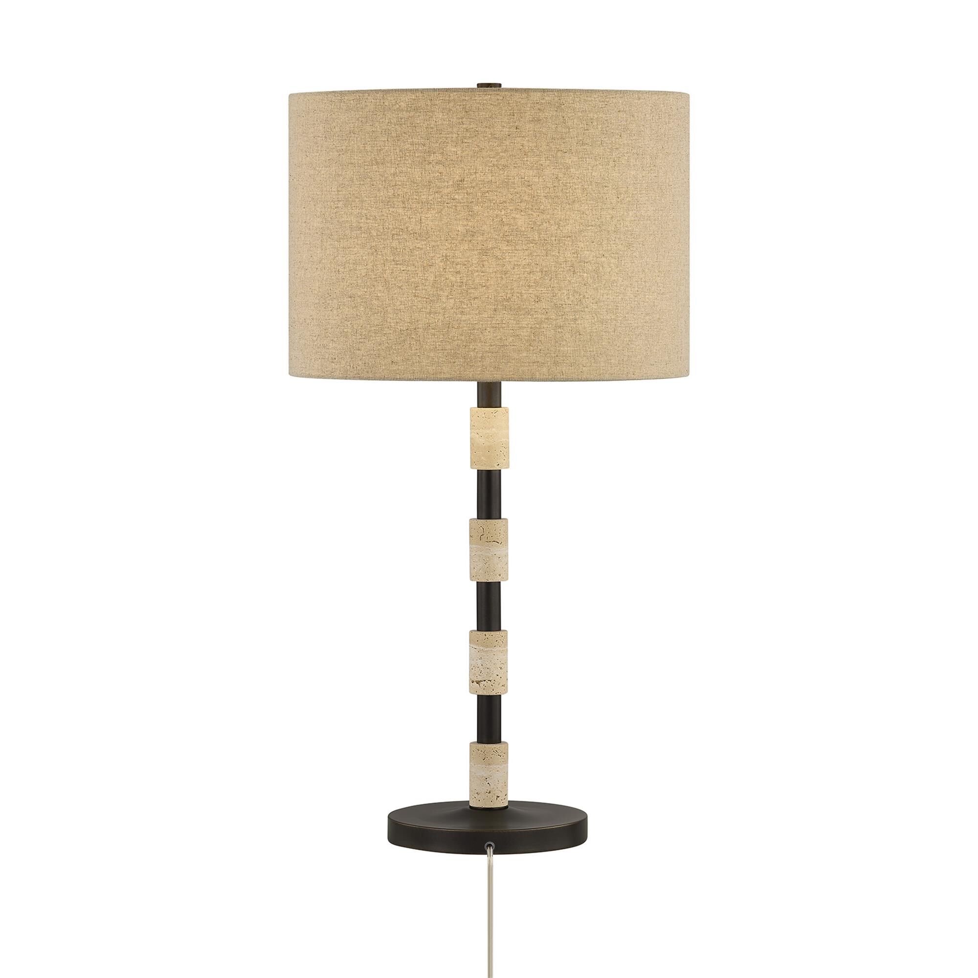 Shown in Mediterranean Bronze finish and Beige Fabric shade