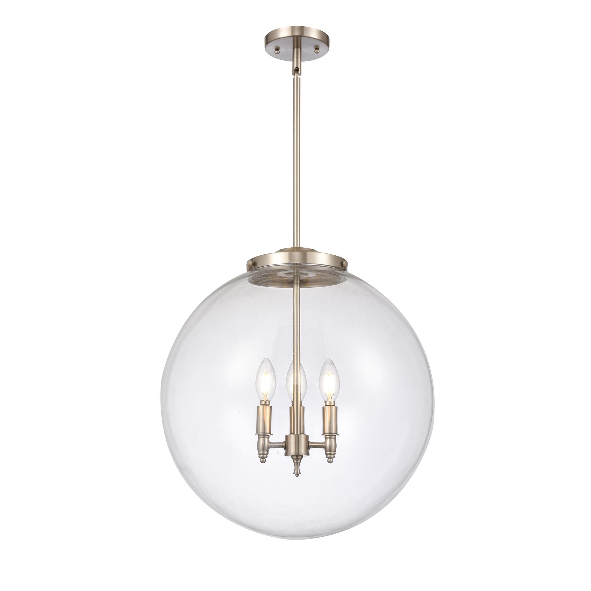 Shown in Brushed Satin Nickel finish and Clear Beacon glass