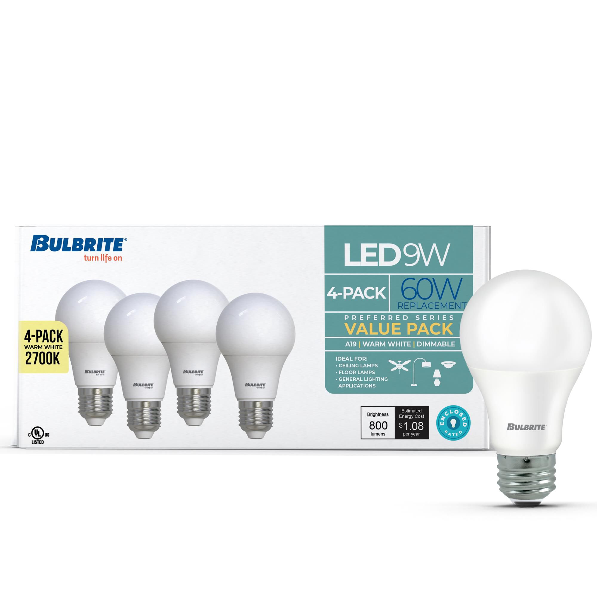 Frost A19 Base E26 2700K LED Light Bulb Pack of 4,