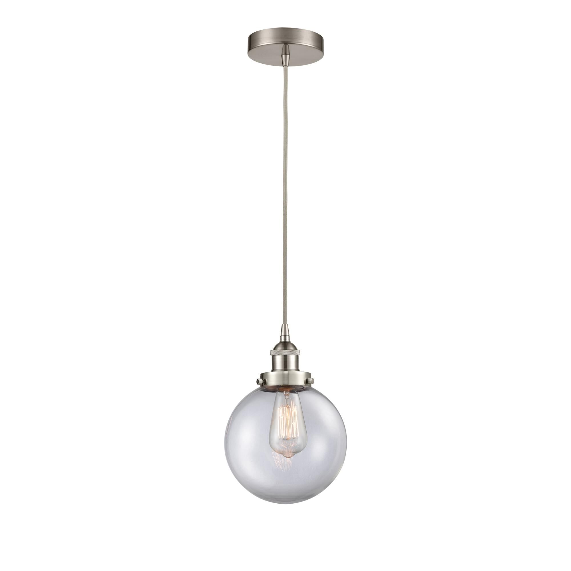 Shown in Brushed Satin Nickel finish and Clear Beacon glass