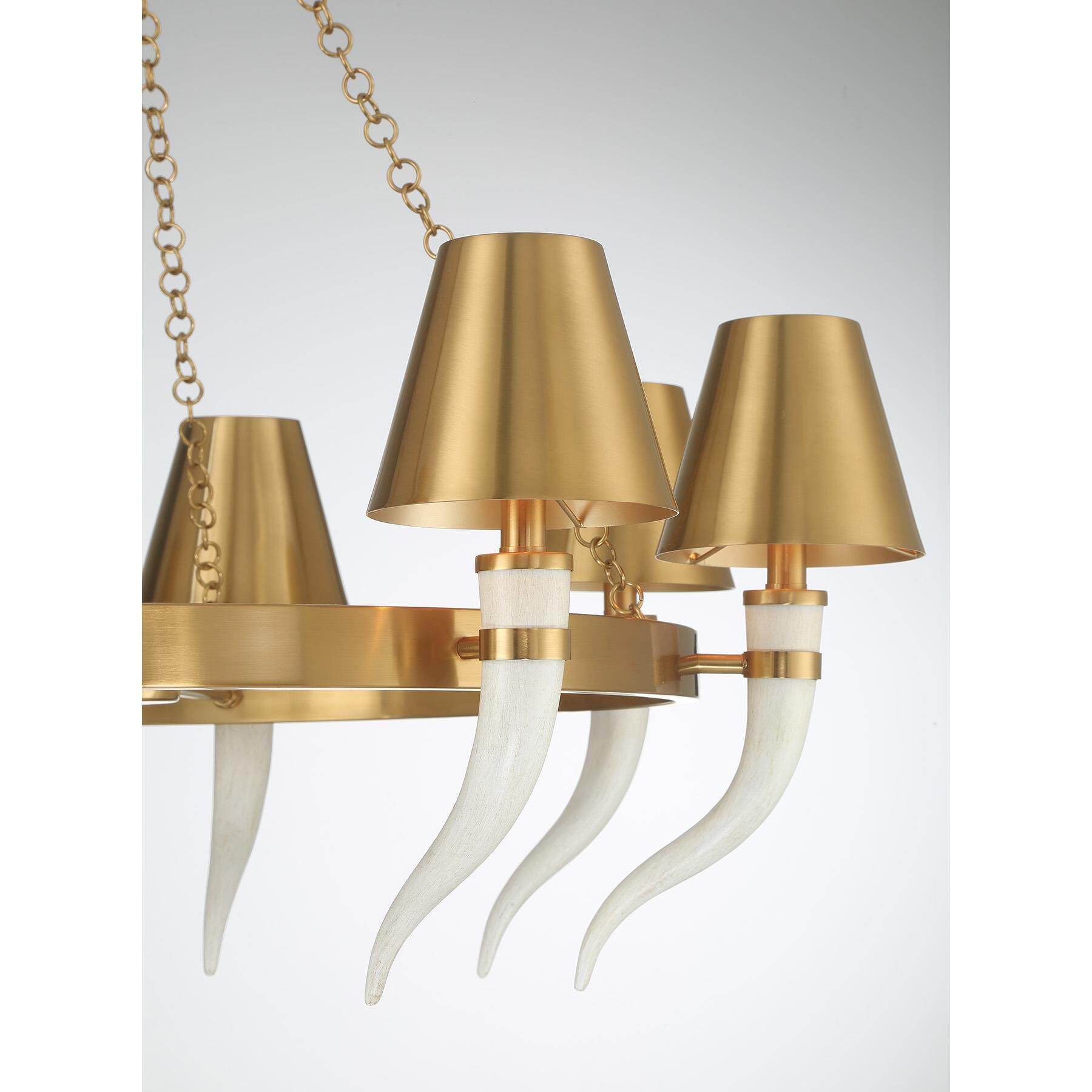 Shown in Warm Brass finish and Warm Brass Metal shade and Curved Faux Horns accent