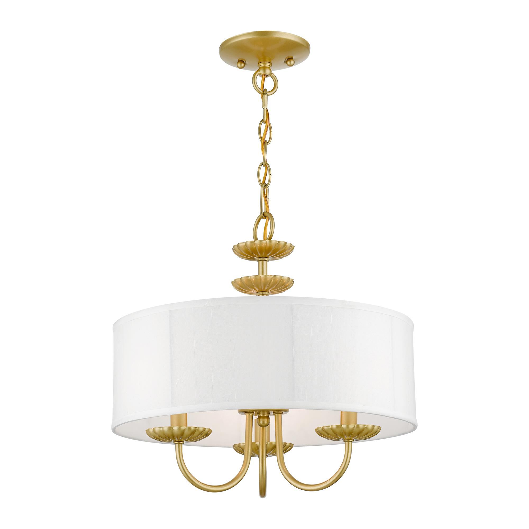 Shown in Soft Gold finish and Off-White Fabric Hardback with White Fabric Inside shade