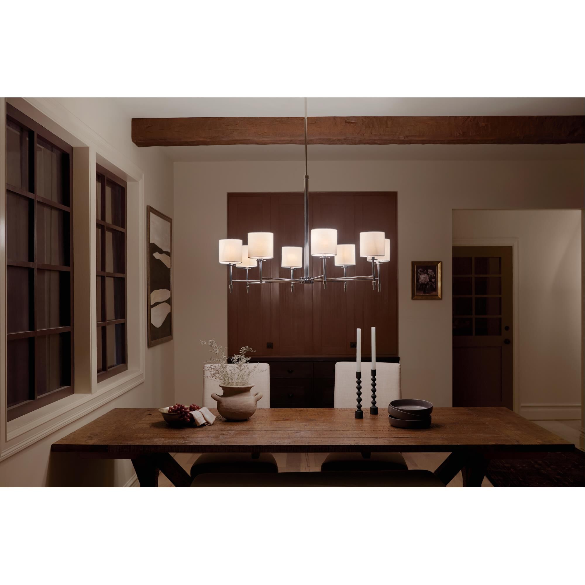 Shown in Polished Nickel finish and Fabric and Drum shade