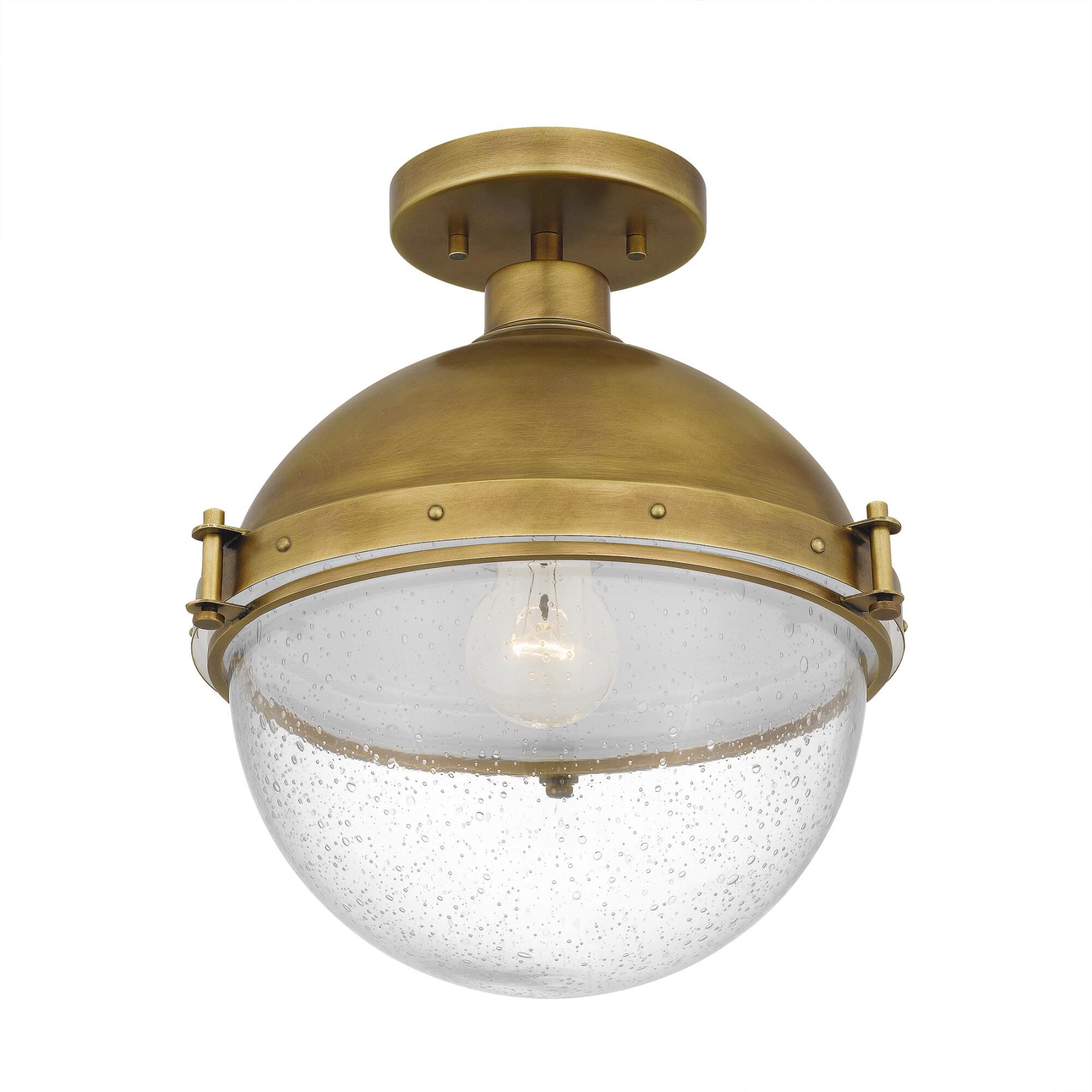 Shown in Weathered Brass finish and Clear Seedy glass