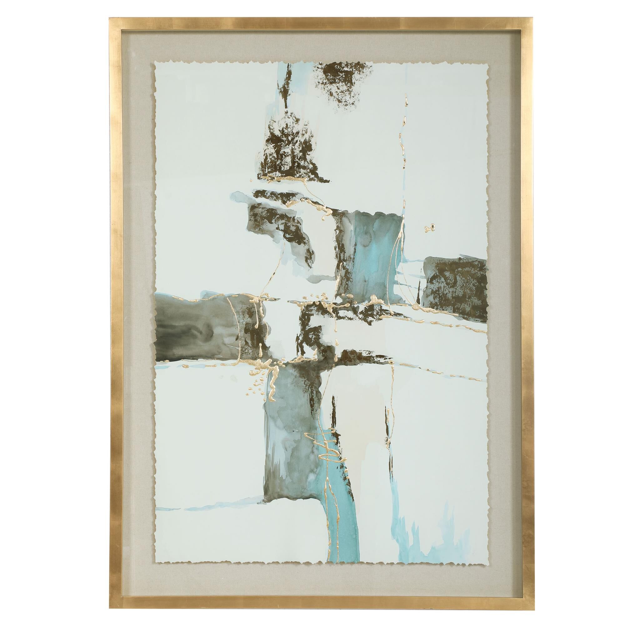 Shown in Abstract Watercolor Painting, Raised Gold Leaf, Light Gold/Champagne Shadow Box Frame, Light Beige L finish