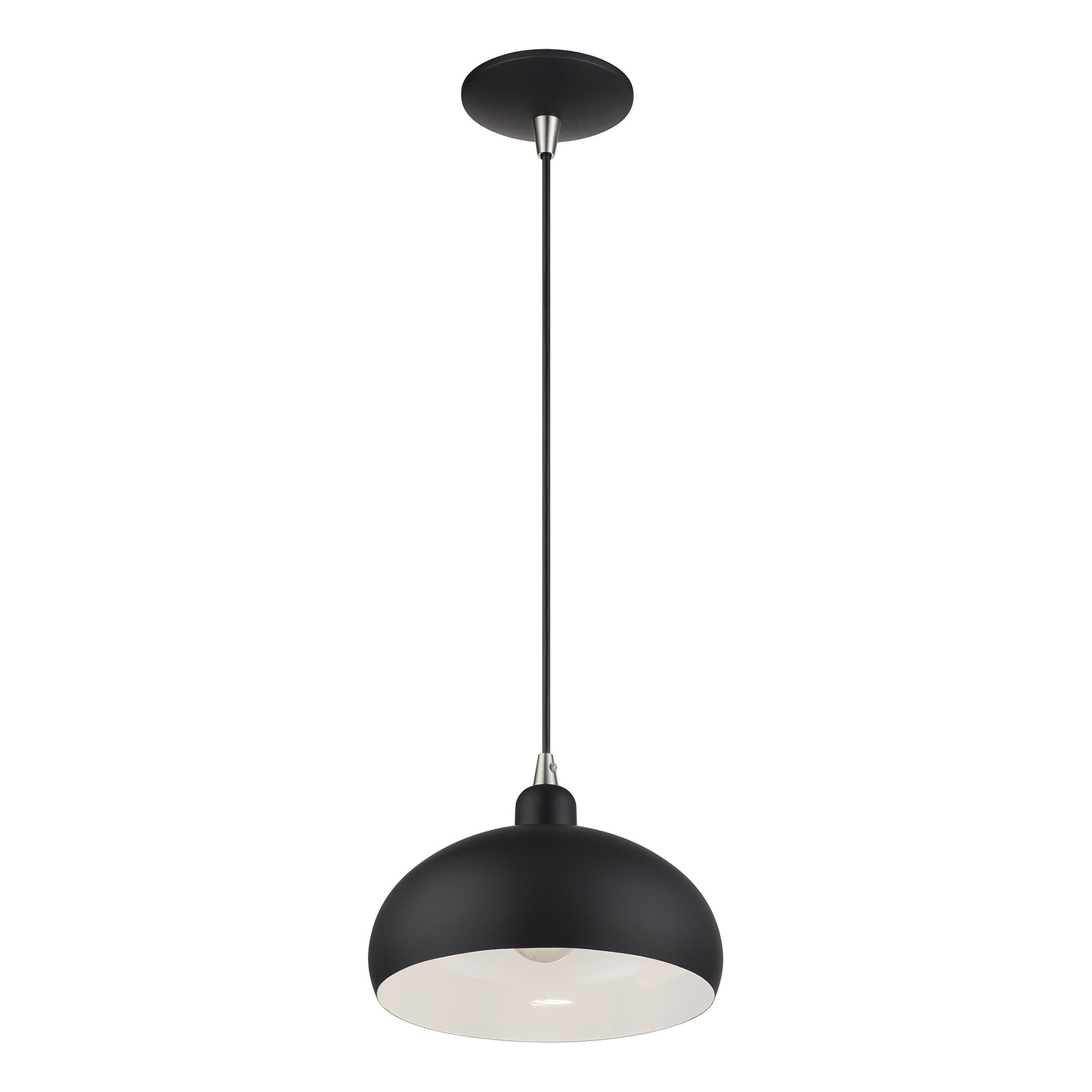 Shown in Black with Brushed Nickel Accents finish and Black Steel with Shiny White Inside shade