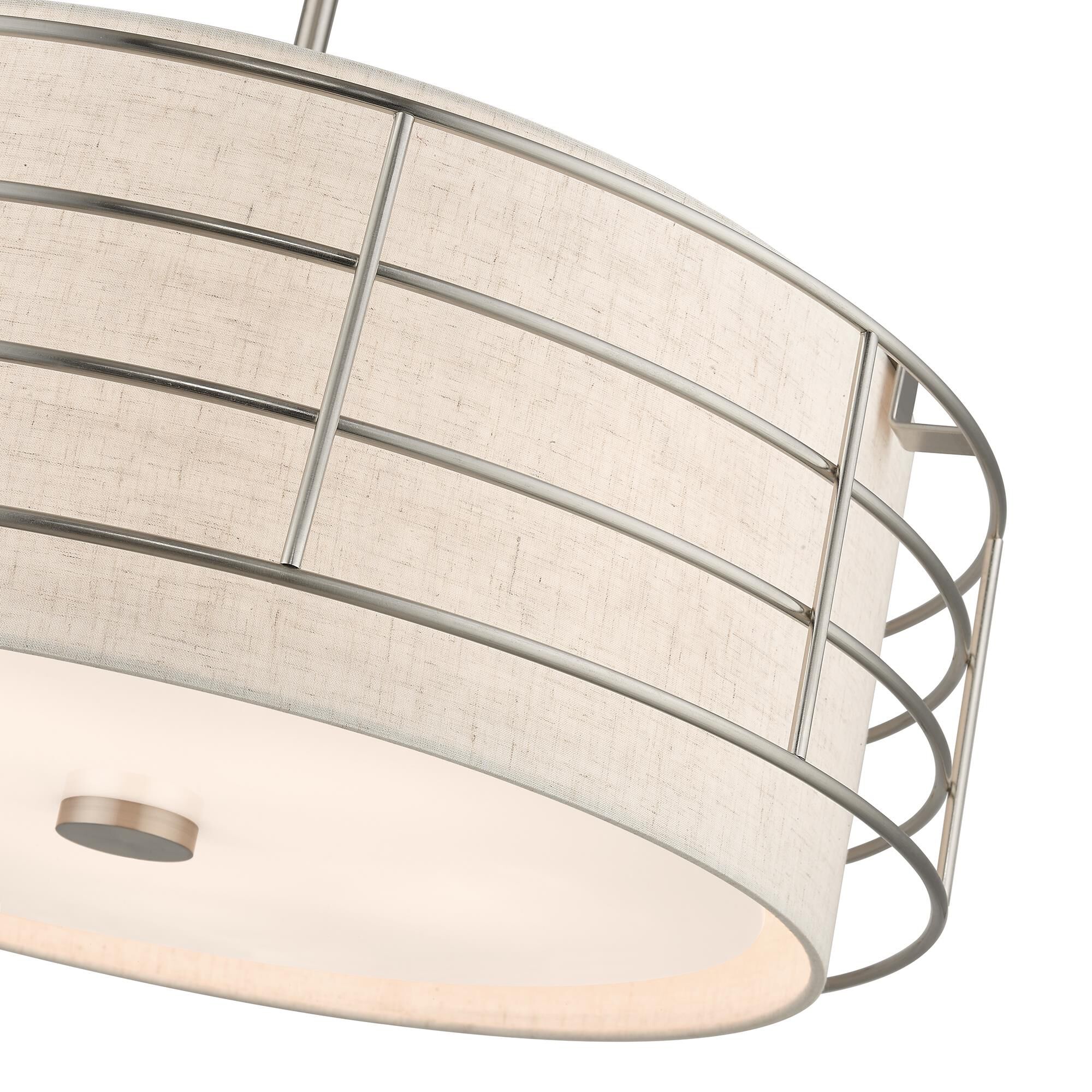 Shown in Brushed Nickel finish and Hand Crafted Oatmeal Color Hardback Fabric shade