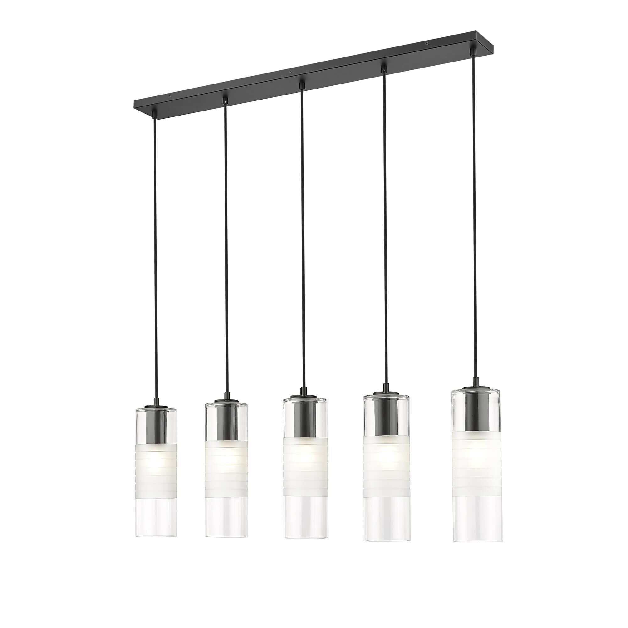 Shown in Matte Black finish and Clear+frosted glass and Clear+frosted shade