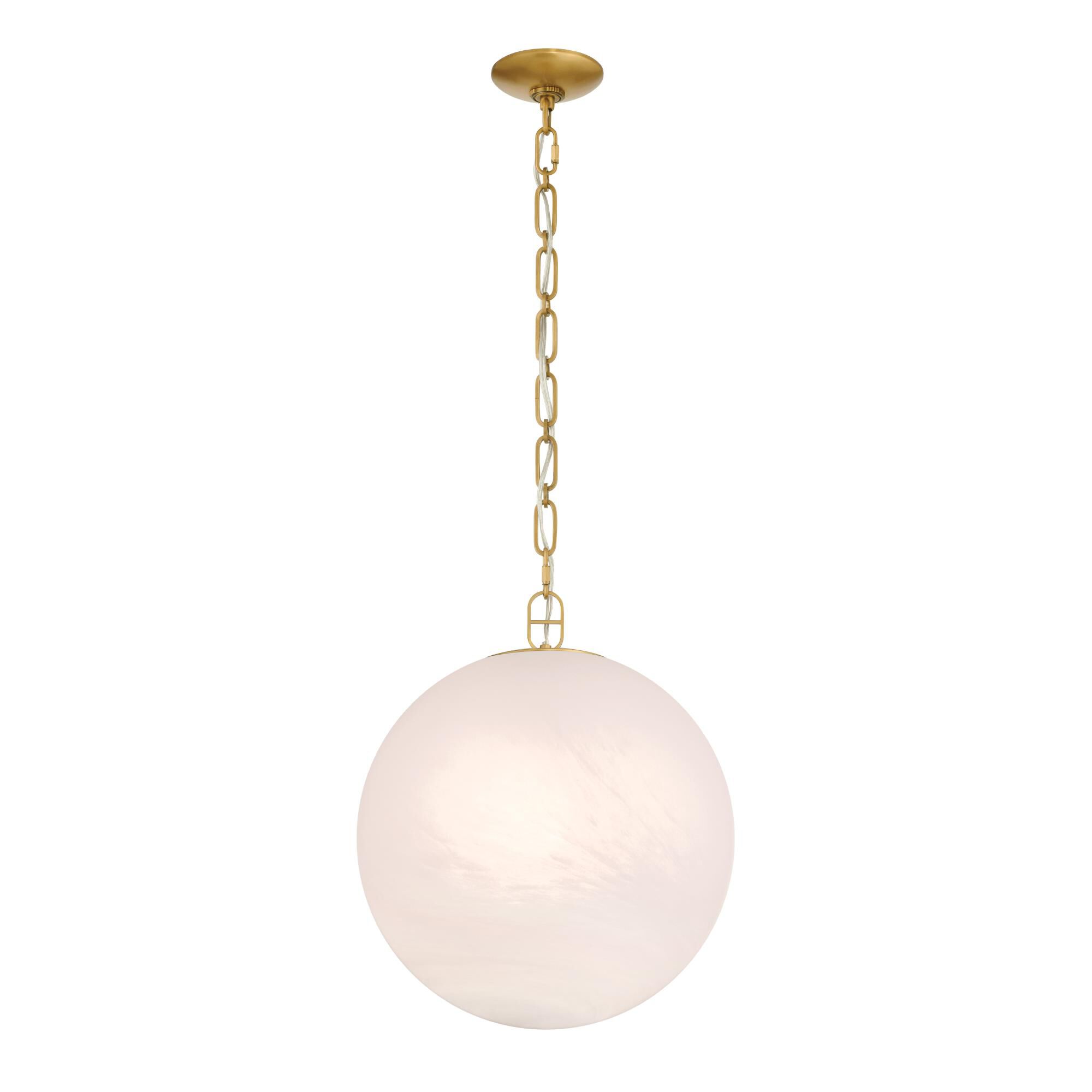 Shown in Legacy Brass finish and White glass and Etched Alabaster shade