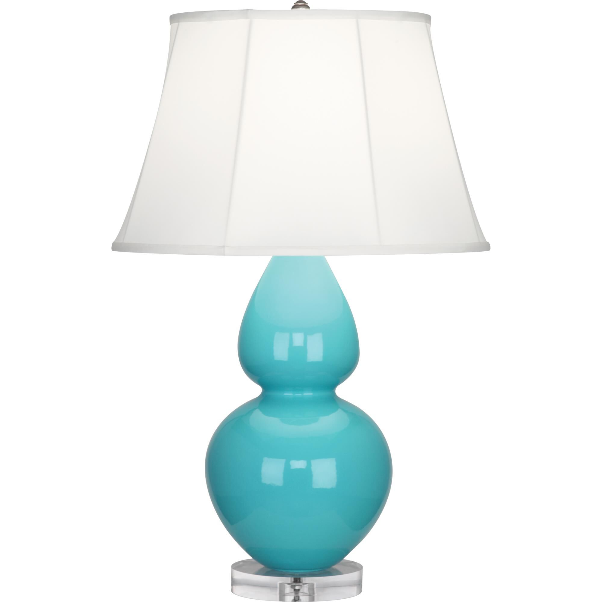 Shown in Egg Blue Glazed Ceramic With Lucite Base finish and Ivory Stretched Fabric shade