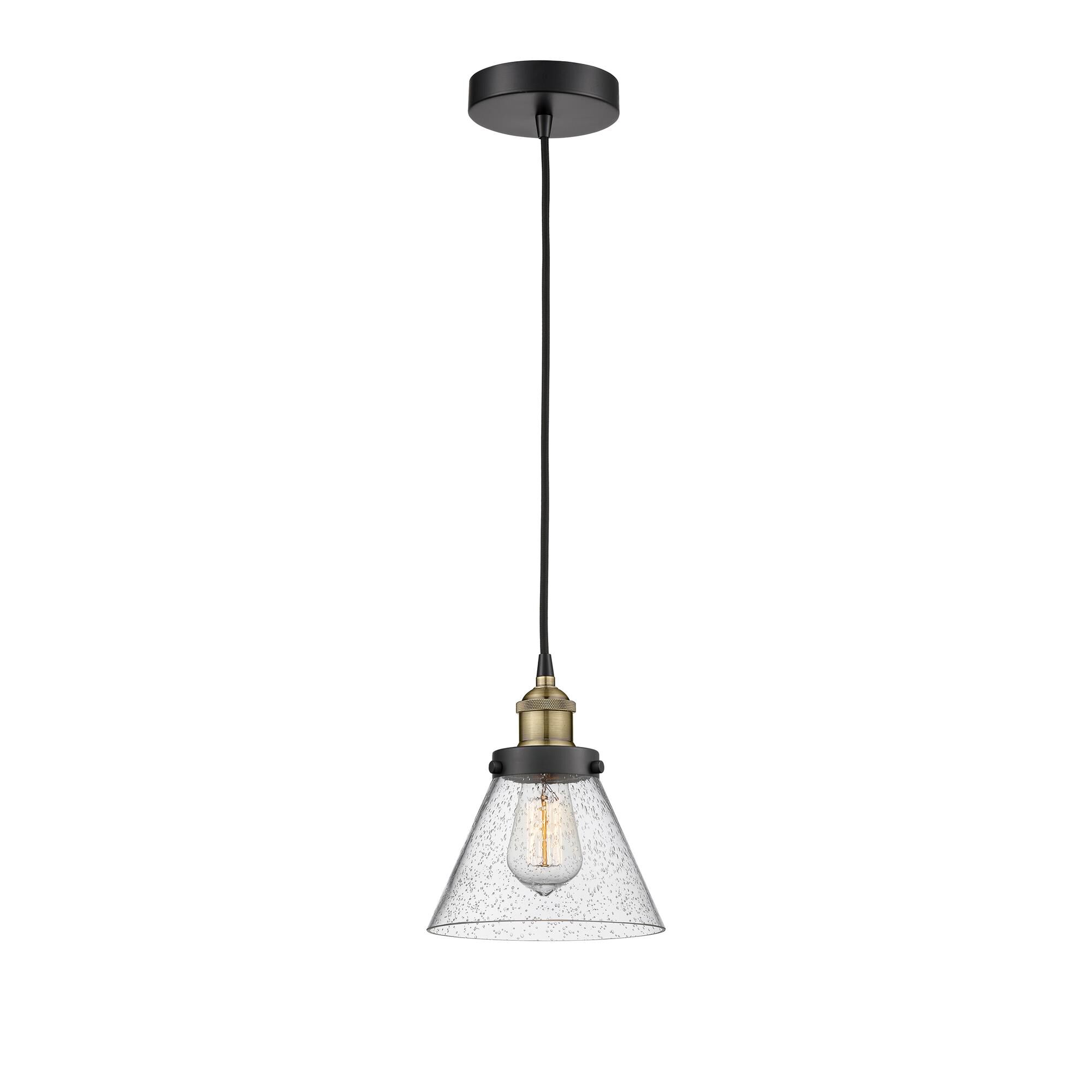 Shown in Black Antique Brass finish and Seedy glass