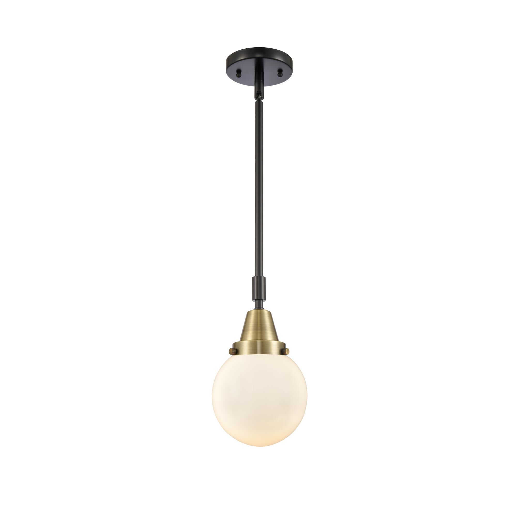 Shown in Black Antique Brass finish and Matte White Cased Beacon glass