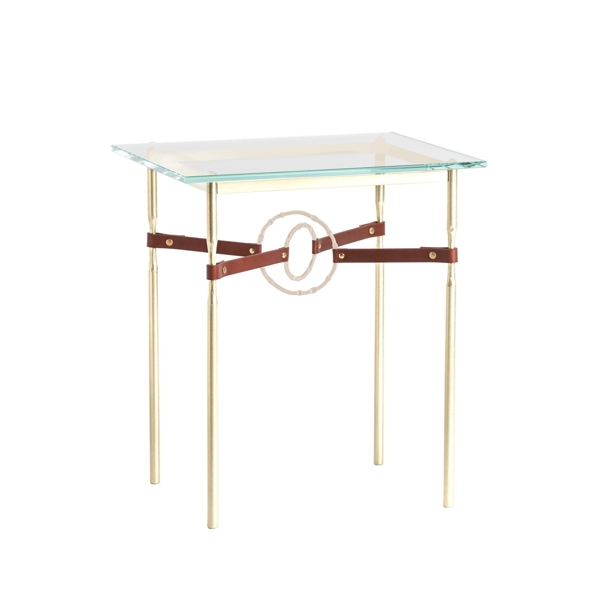 Shown in Modern Brass finish and Soft Gold Metal Detail with British Brown Leather accent