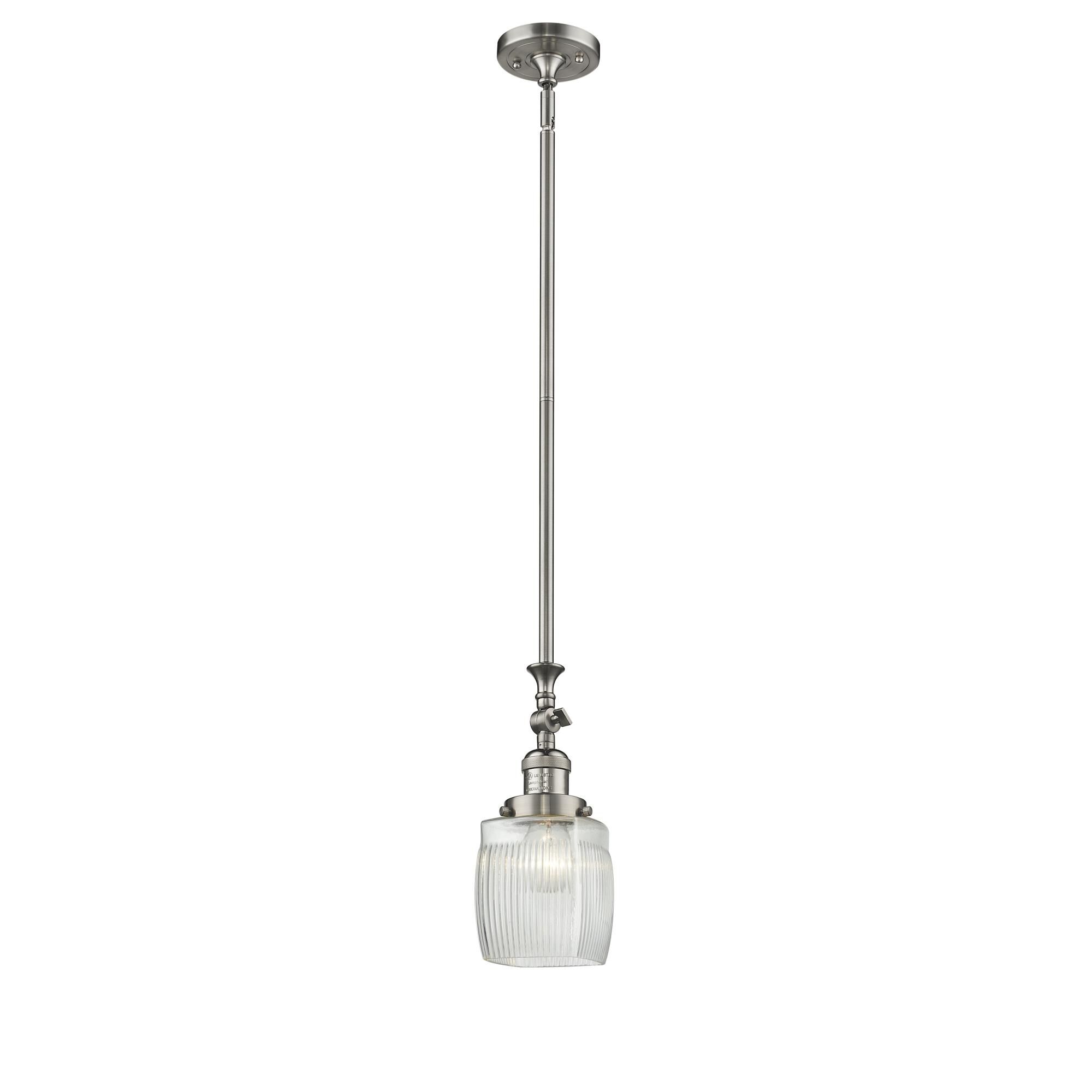 Shown in Brushed Satin Nickel finish and Clear Halophane glass