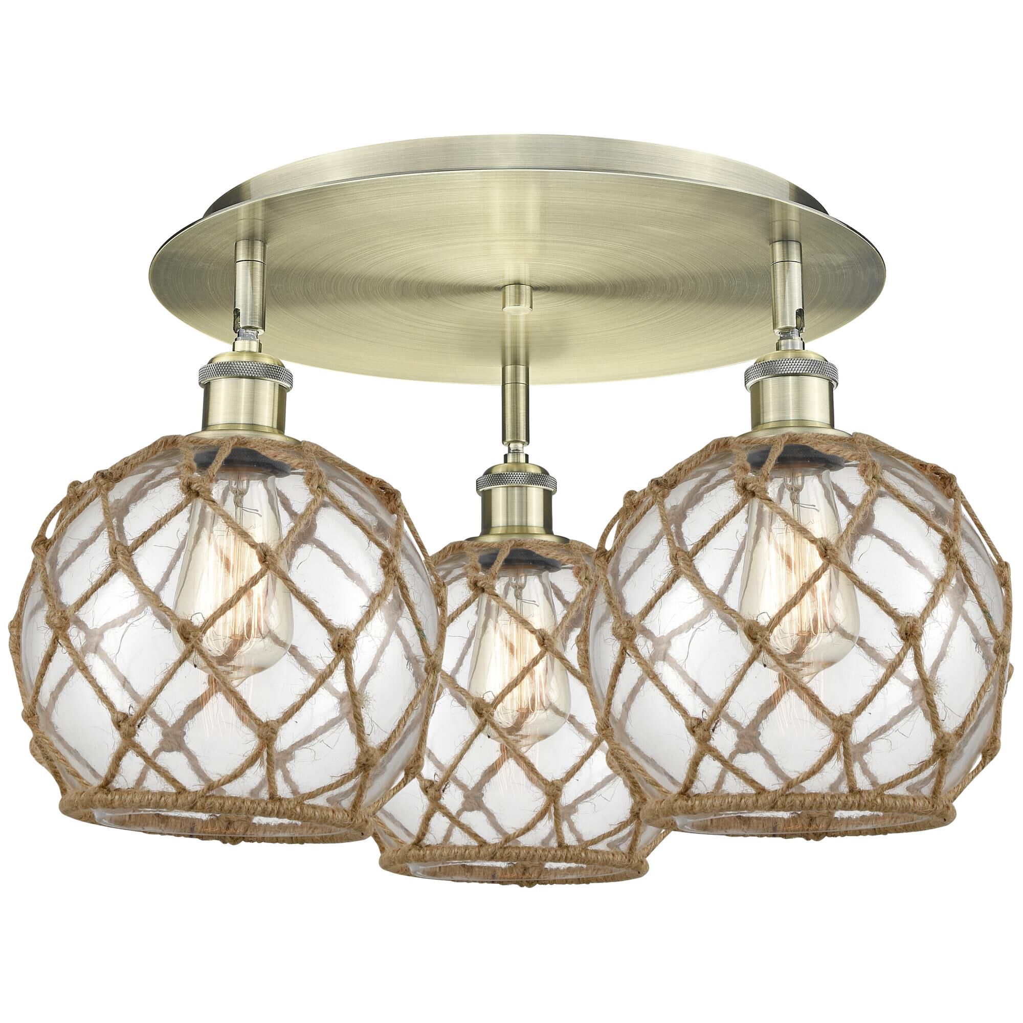 Shown in Antique Brass finish and Clear with Brown Rope glass