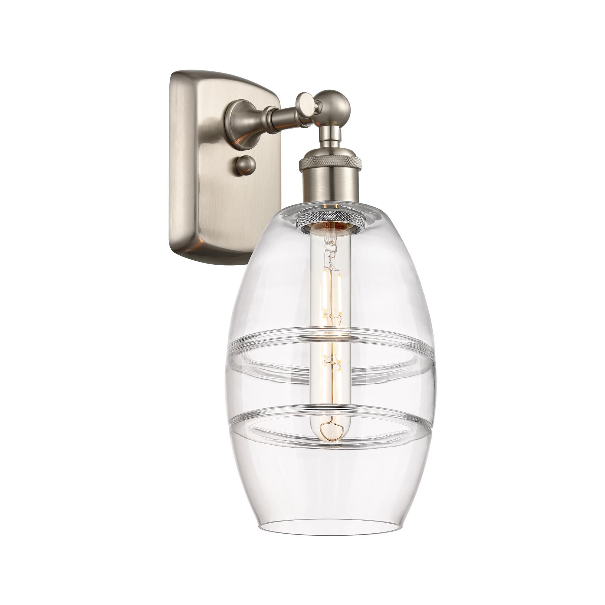 Shown in Brushed Satin Nickel finish and Clear glass