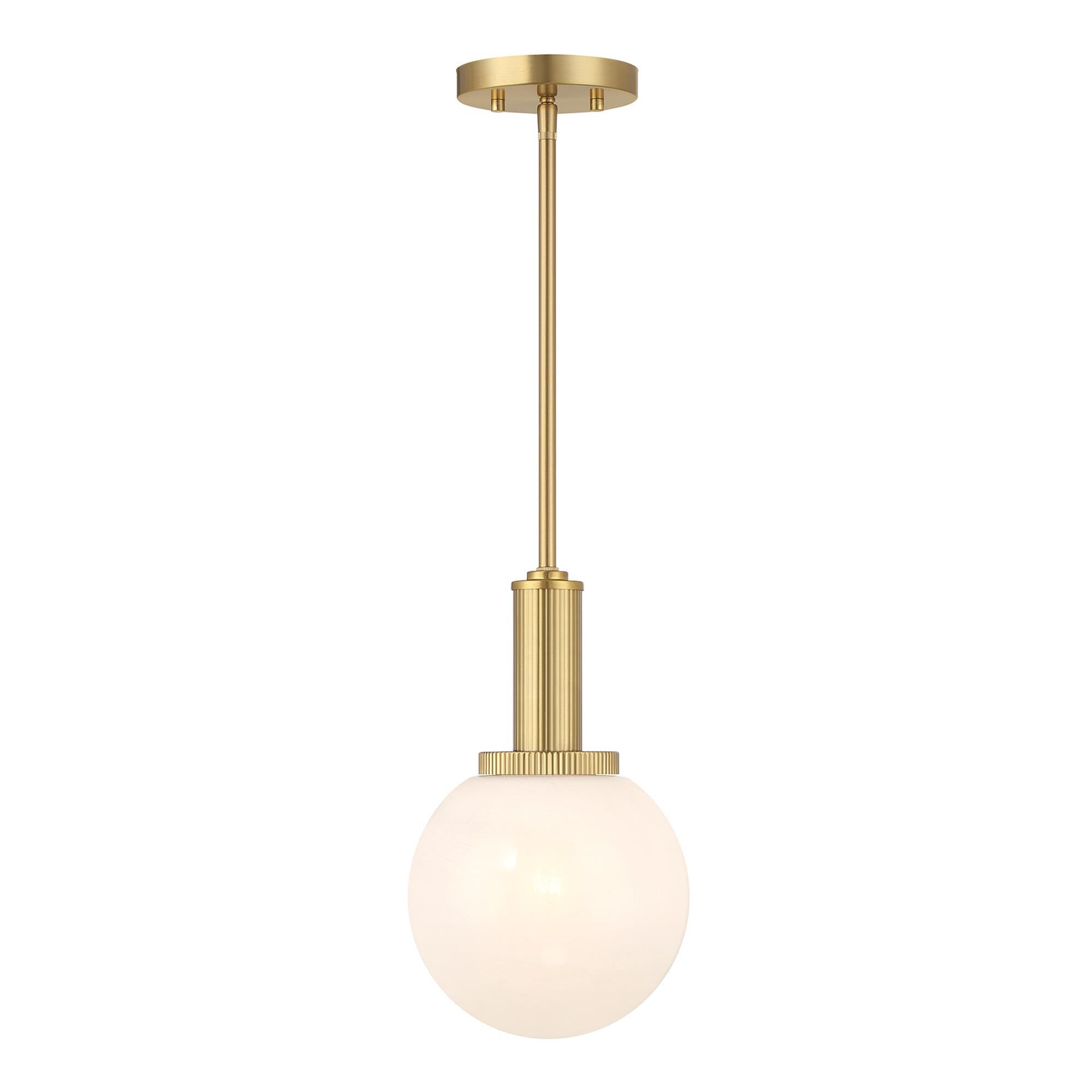 Shown in Natural Brass finish and White Strie glass and Glass shade