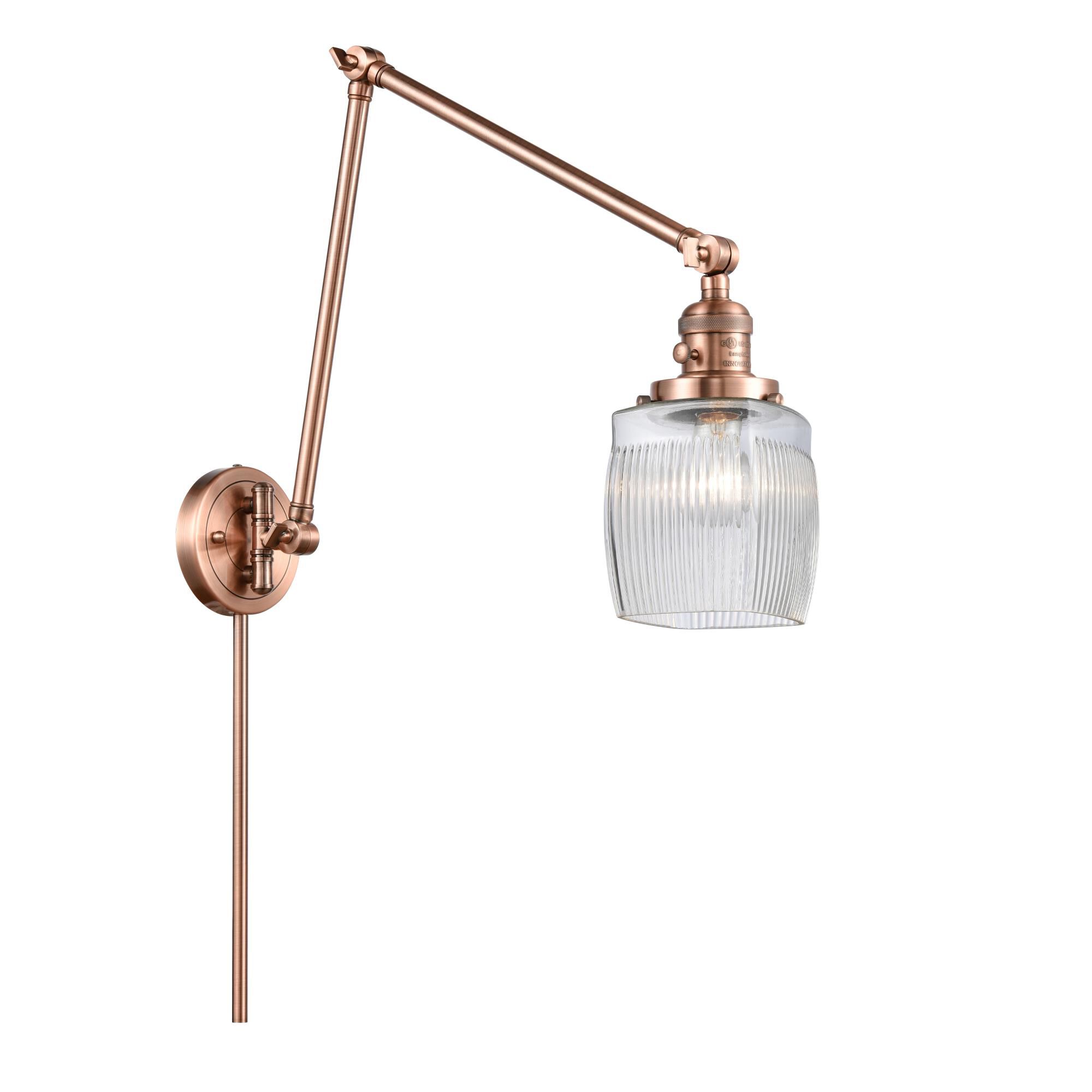Shown in Antique Copper finish and Thick Clear Halophane Colton glass