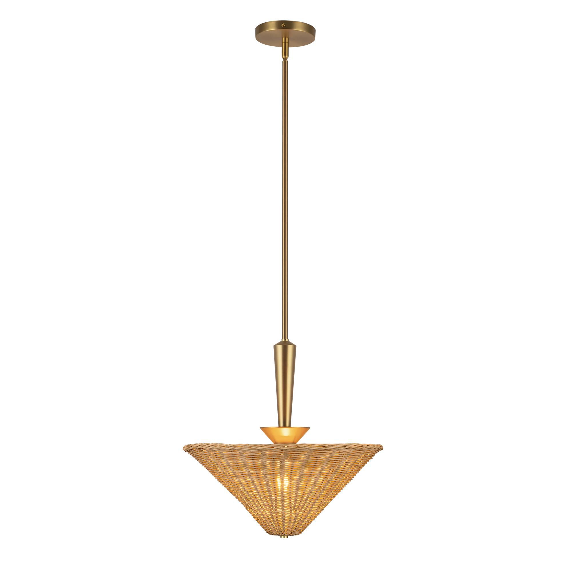 Shown in Brushed Gold finish and White Acrylic Diffuser glass and Rattan shade