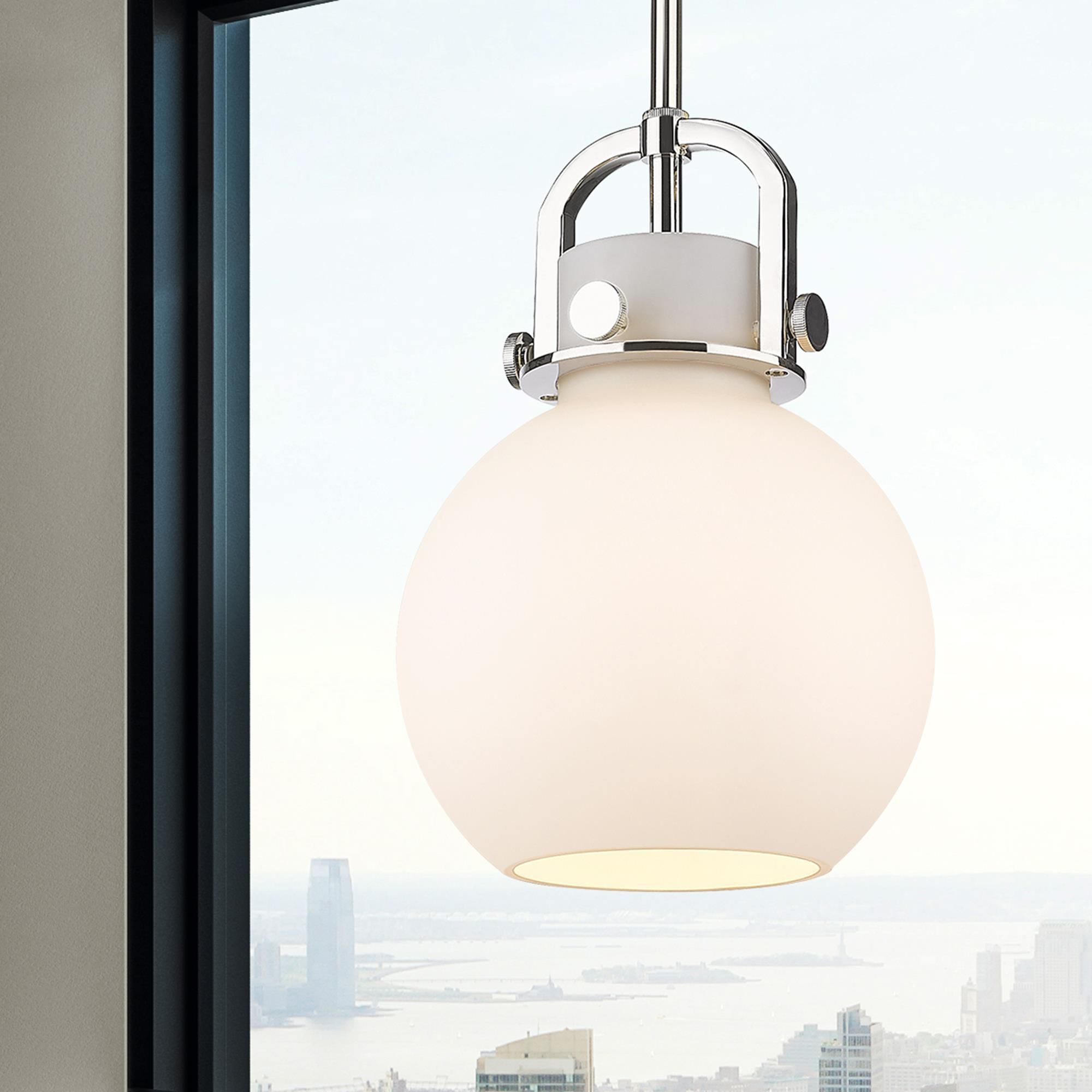 Shown in Polished Nickel finish and Matte White glass