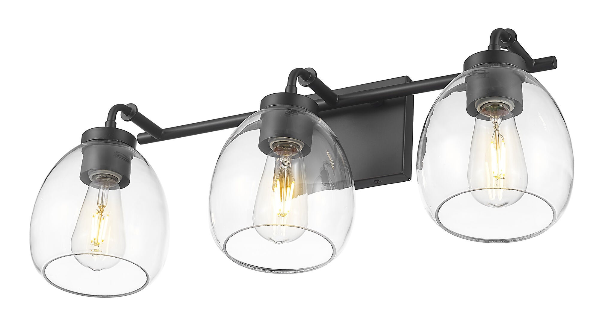 Shown in Matte Black finish and Clear Glass Globes shade