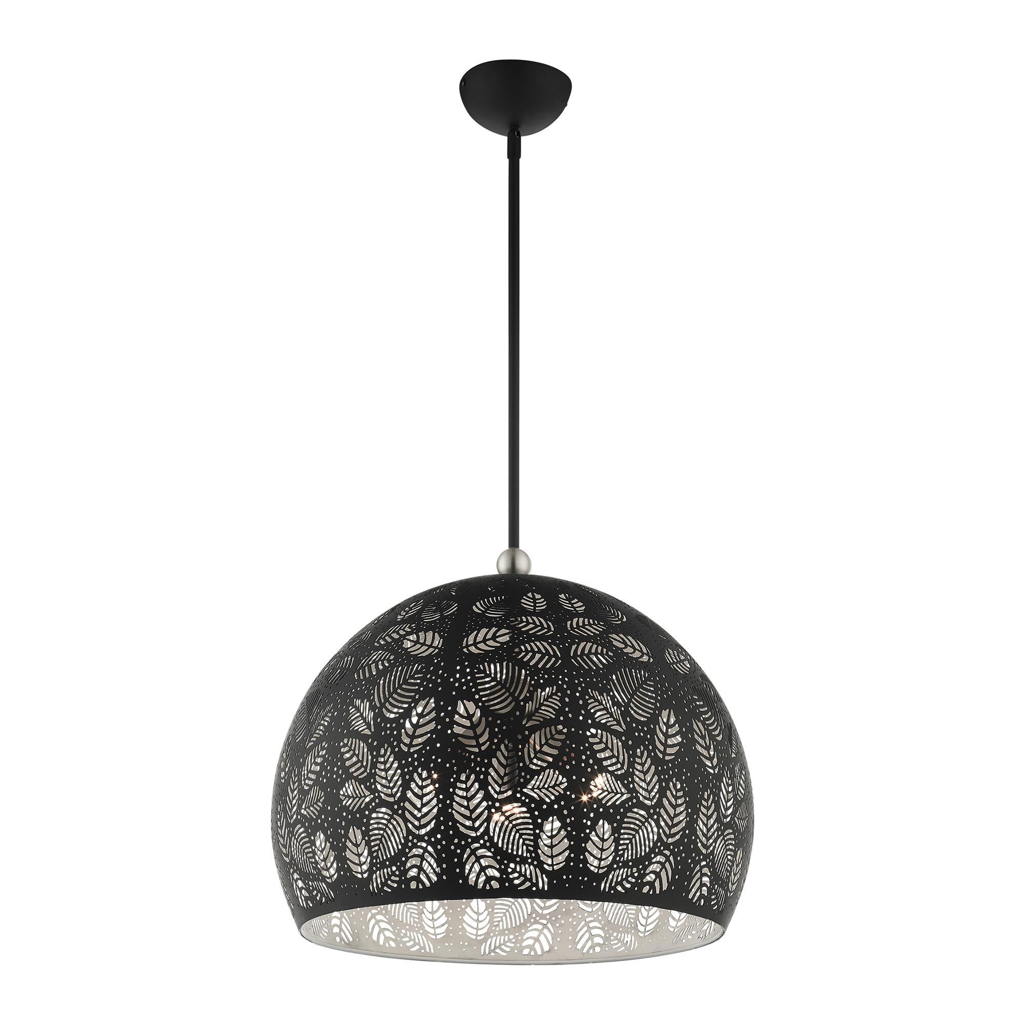 Shown in Black With Brushed Nickel Accents finish and Ornamental Metal Shade/ Black/ White Finish Inside glass and Ornamental Metal / Black/ White Finish Inside shade
