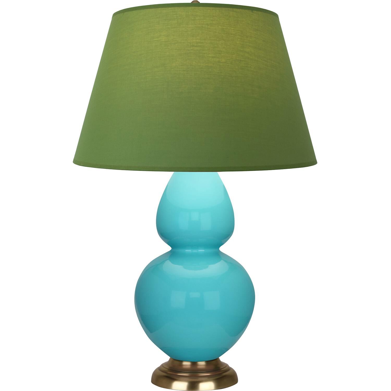Shown in Egg Blue finish and Tea Green and Taupe shade and Antique Natural Brass accent