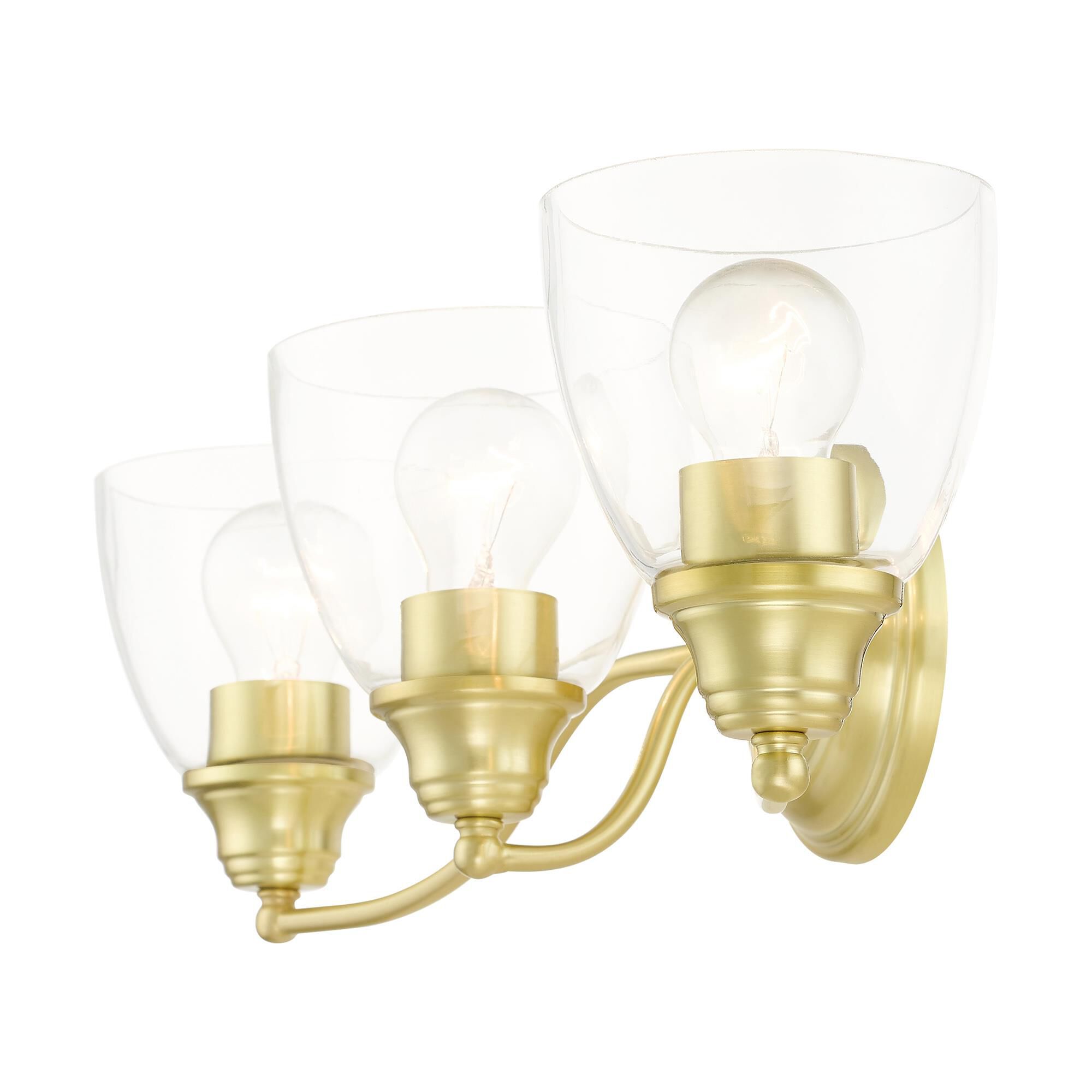 Shown in Satin Brass finish and Hand Blown Clear glass