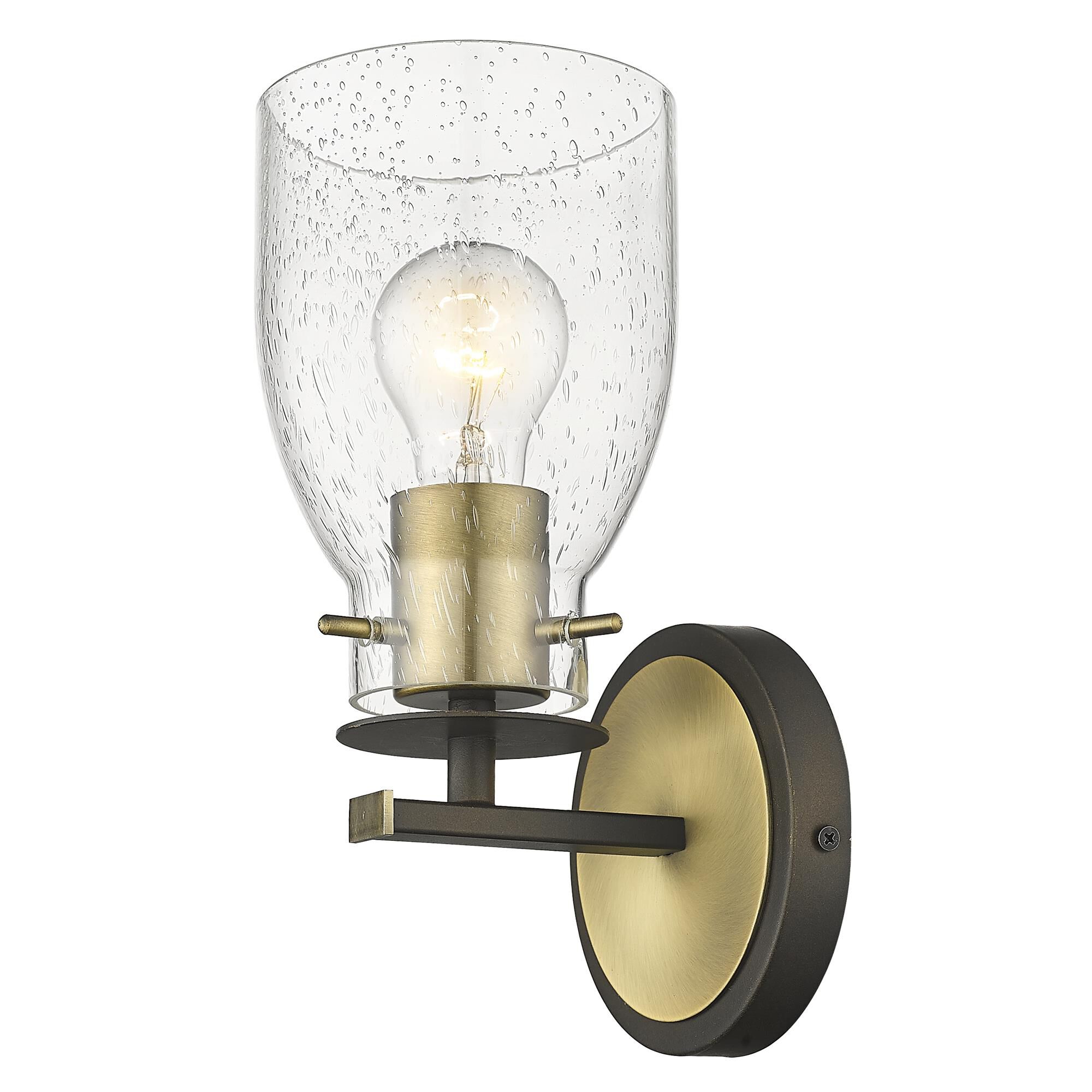 Shown in Oil Rubbed Bronze And Antique Brass finish and Clear Seedy Glass shade