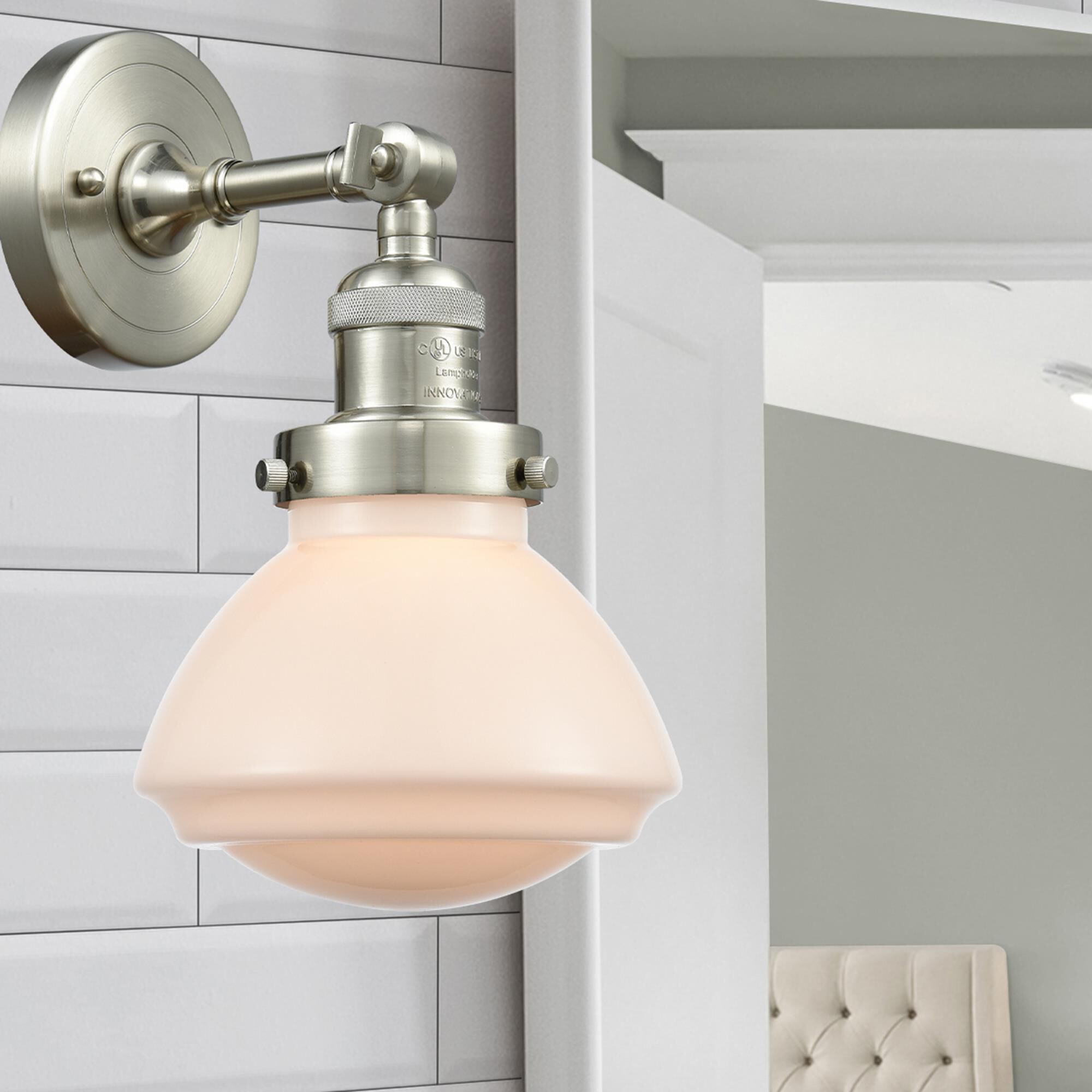 Shown in Brushed Satin Nickel finish and Frosted Matte White Olean glass and Glass shade and Bulb Tint - Amber accent