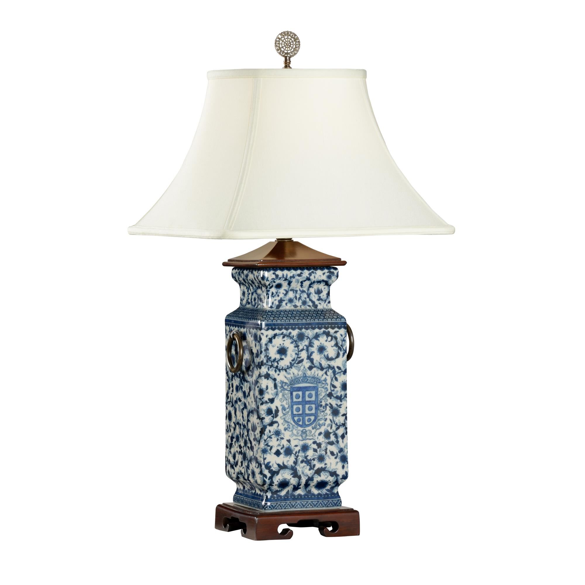 Shown in Hand Painted Blue And White Porcelain finish and Silk shade