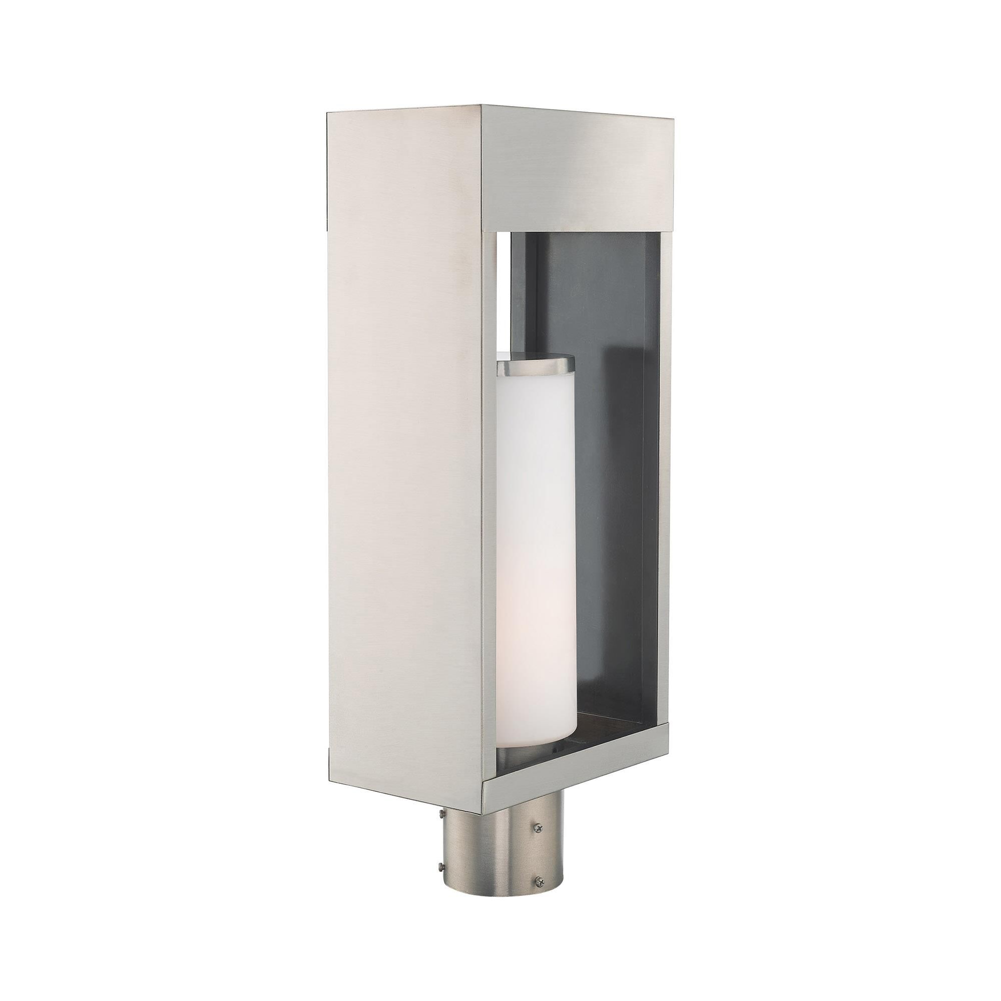Shown in Brushed Nickel finish and Hand Blown Satin Opal White Cylinder glass