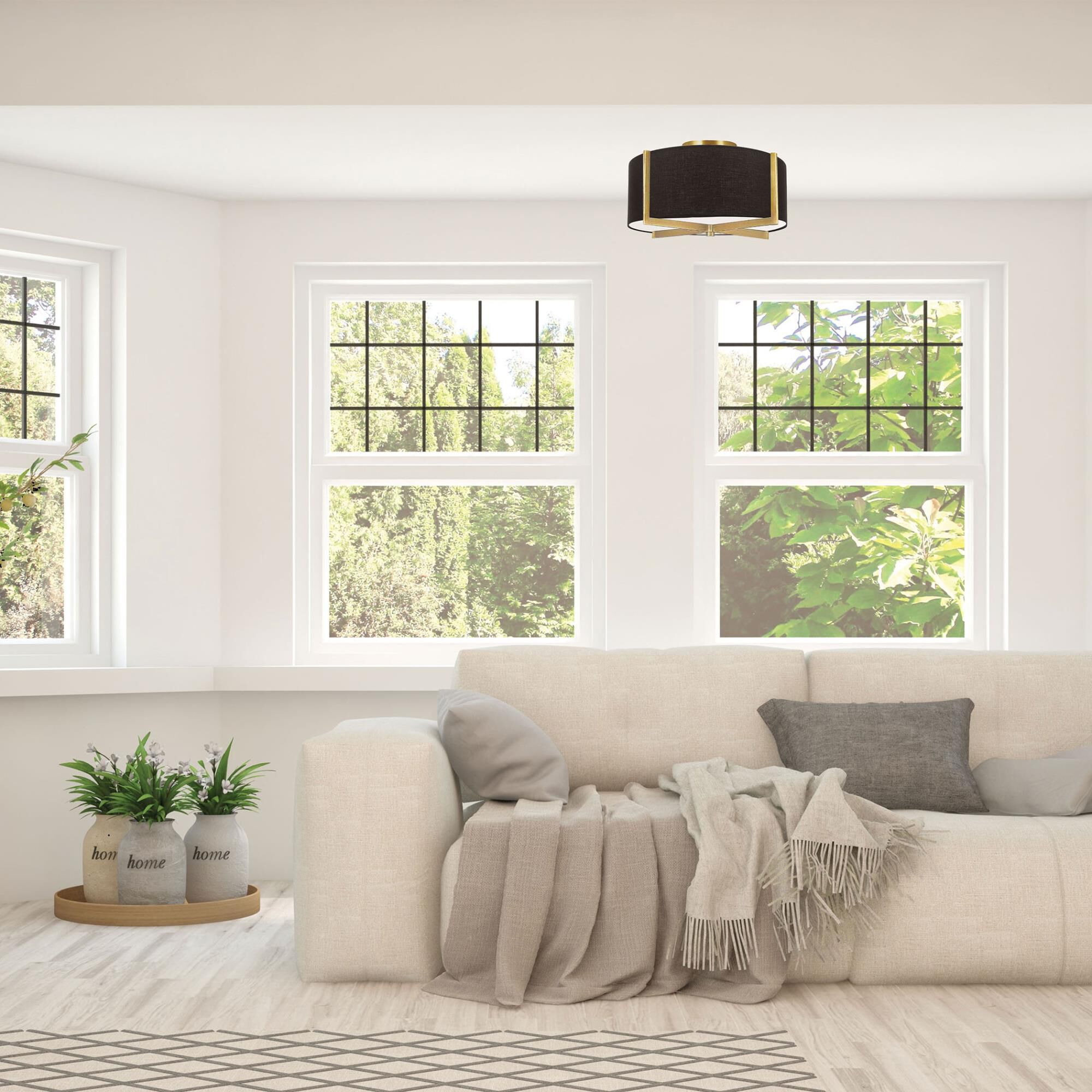 Shown in Black and Aged Brass finish and Black Fabric Drum shade