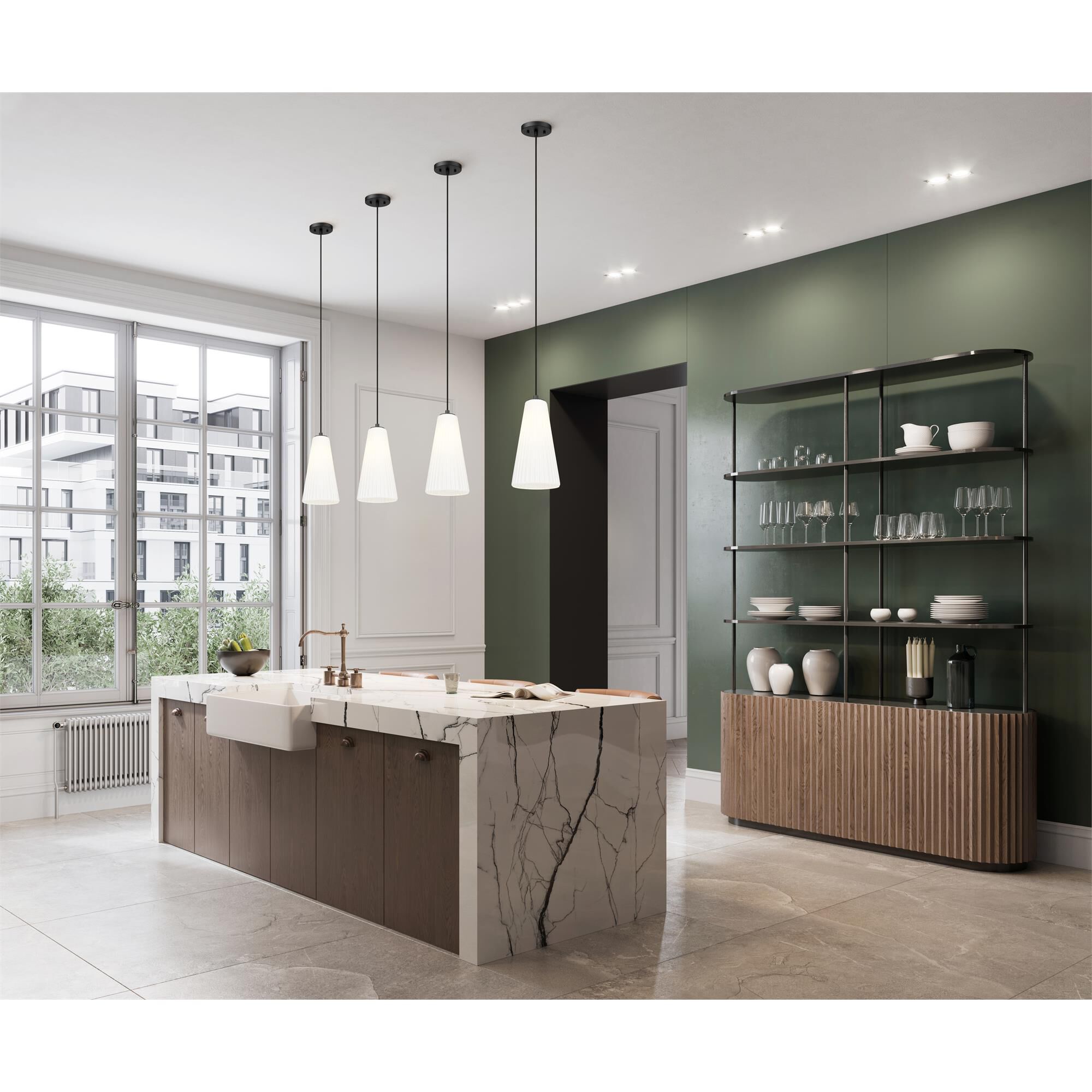 Shown in Matte Black finish and White glass and White shade
