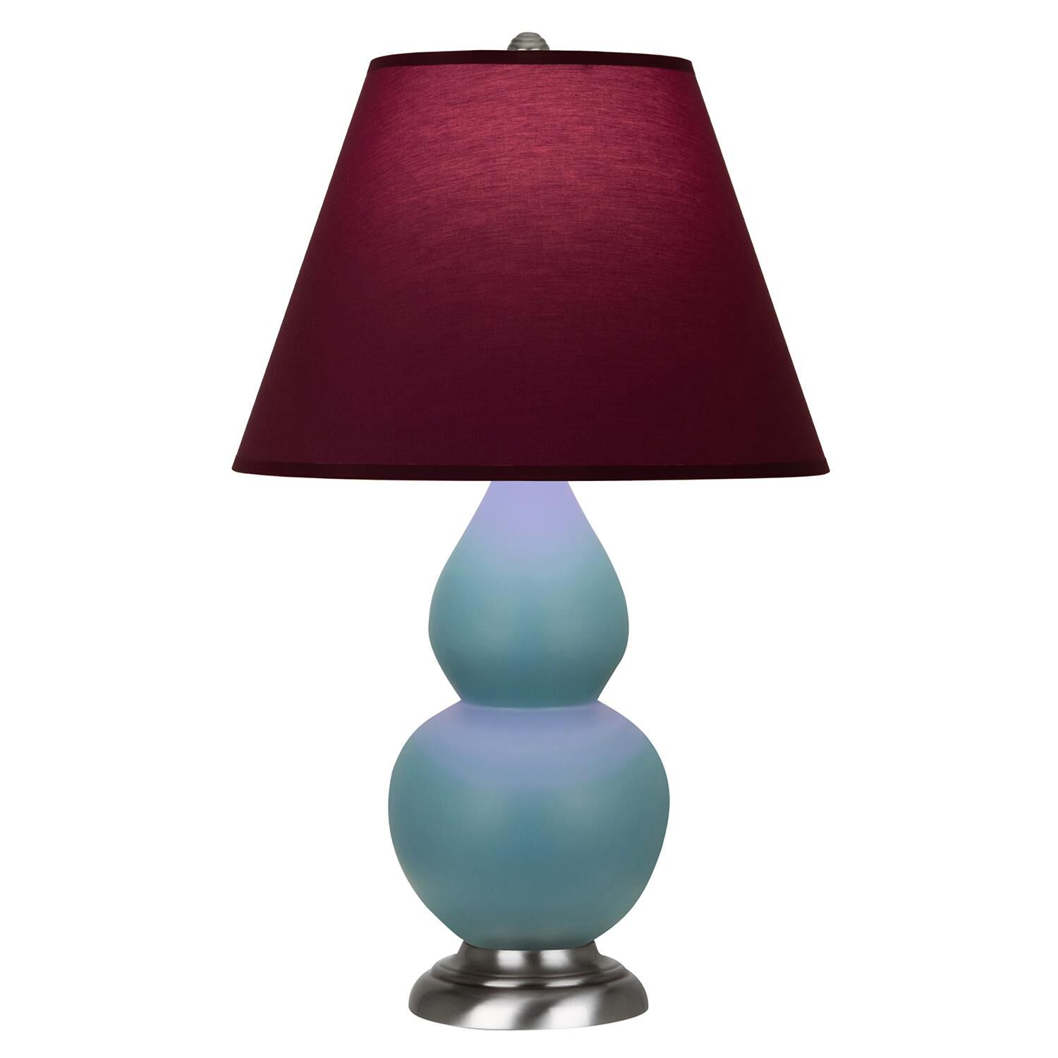 Shown in Matte Steel Blue finish and Plum and Lavender shade and Antique Silver accent
