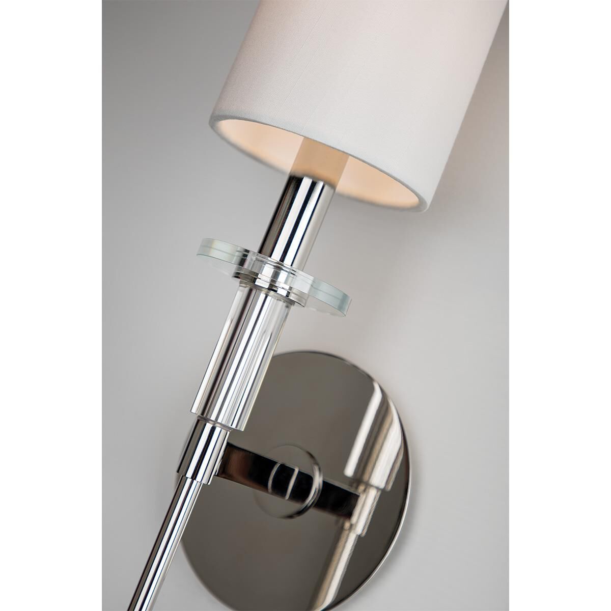 Shown in Polished Nickel finish and Off White Faux Silk shade and Crystal Bobeche accent