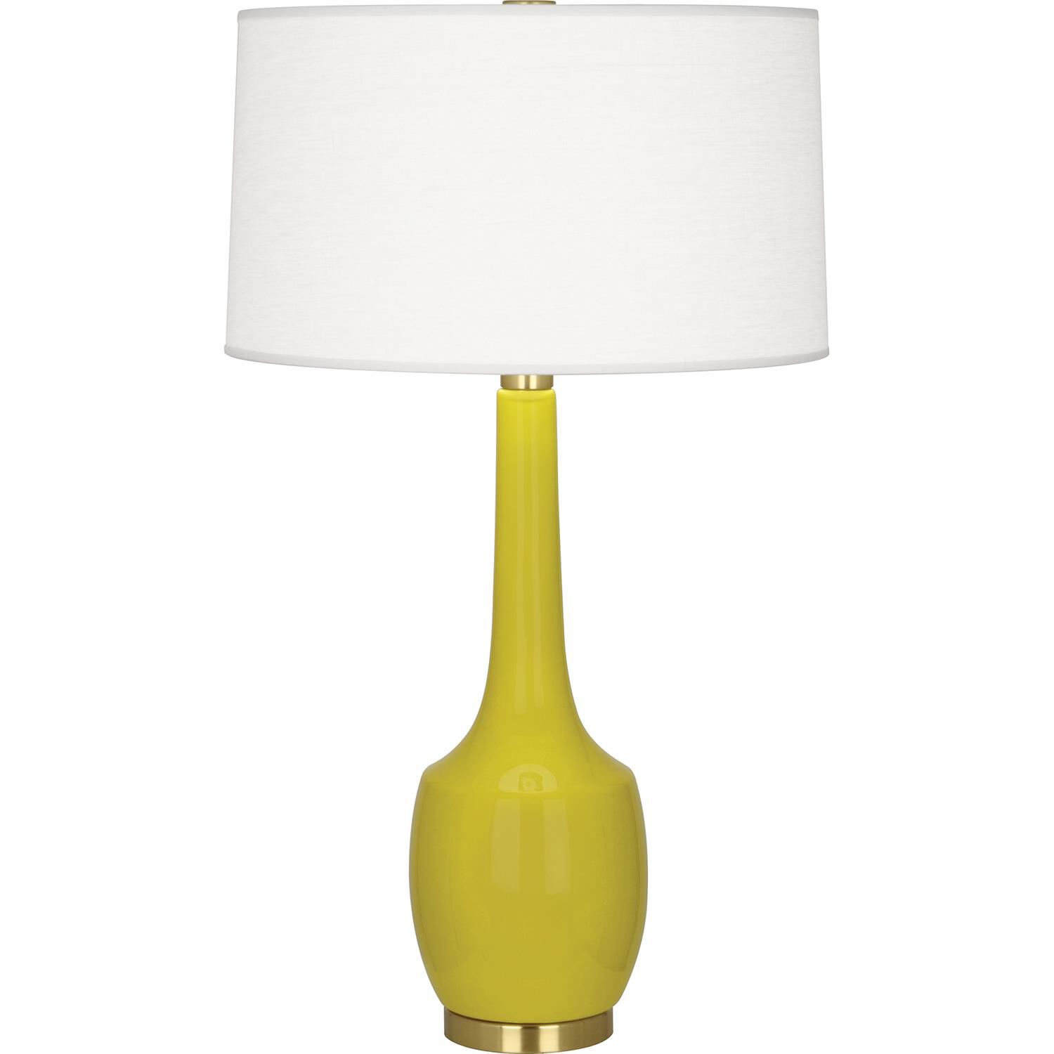 Shown in Citron Glazed Ceramic With Antique Brass  finish and Oyster Linen With Self-Fabric Top And Bottom Diffuser shade