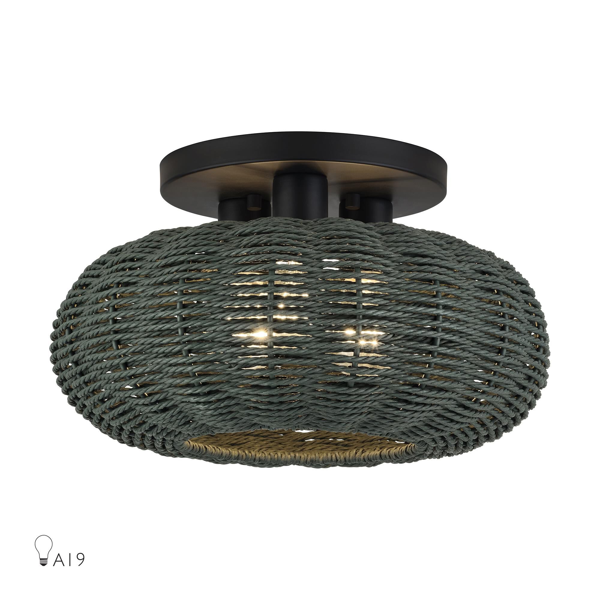 Shown in Black finish and Hand-Woven Midnight Black Color Paper Rope shade